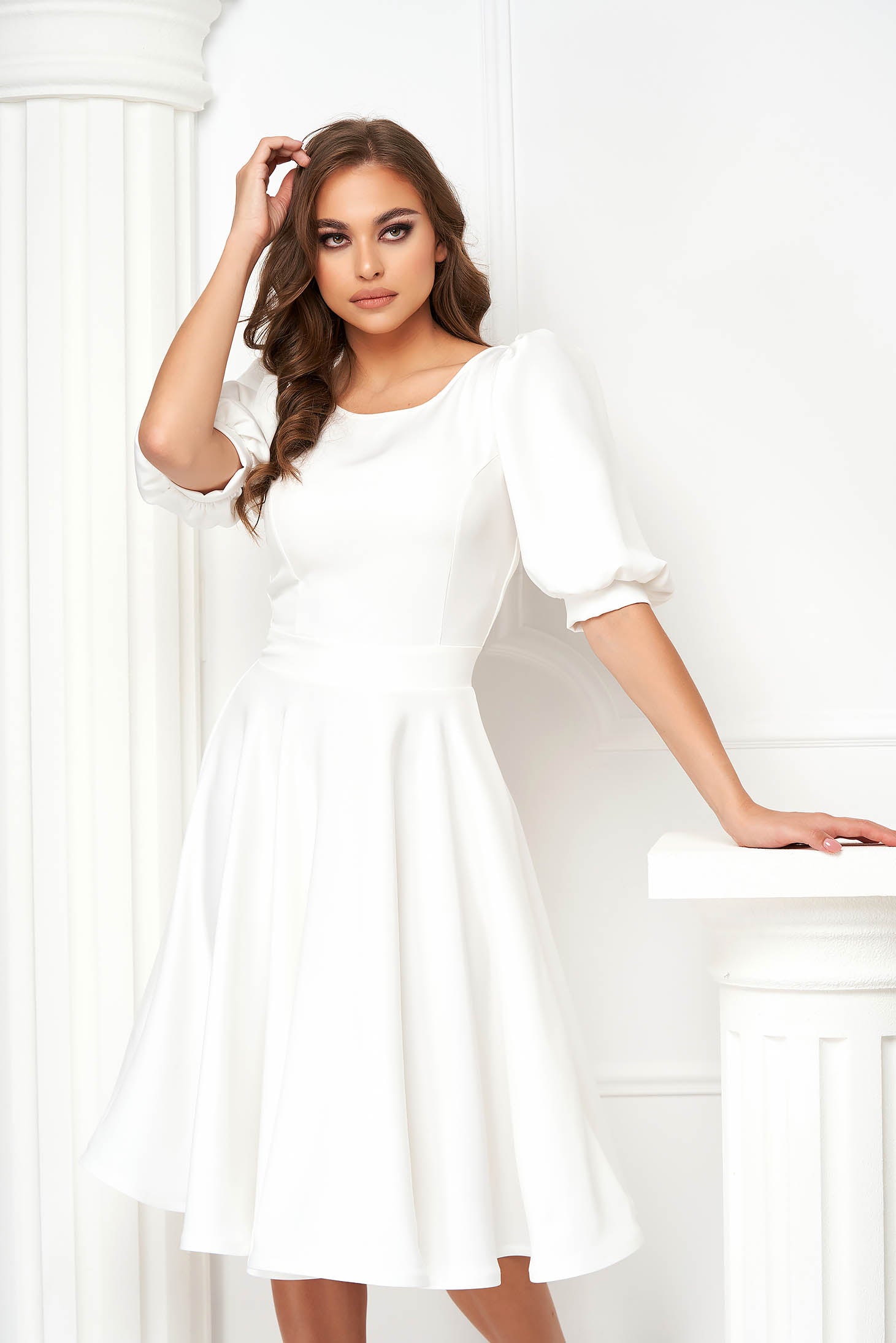 Ivory Dress Midi Cloche Elastic Cloth V Back Neckline