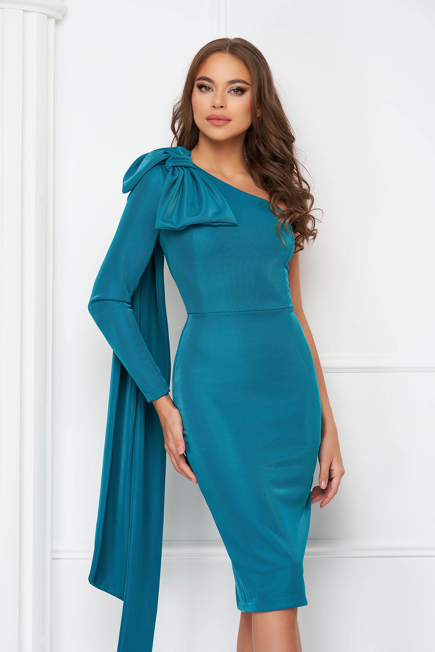 Turquoise Dress Slightly Elastic Fabric Midi Pencil Bow Accessory One Shoulder