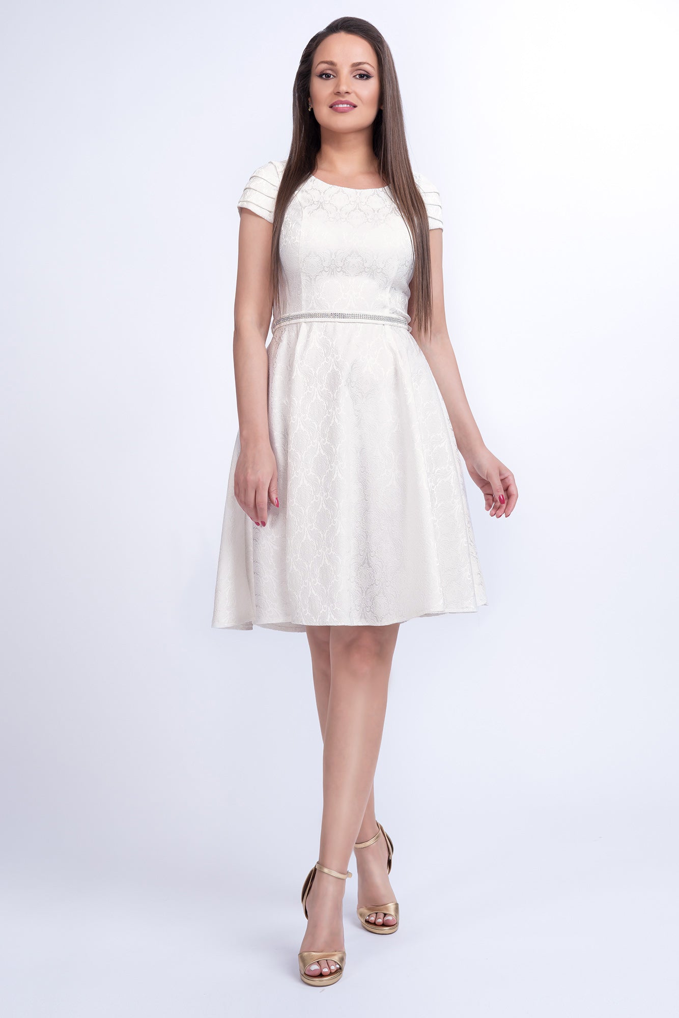 Elegant White Dress Cloche Short Sleeves Jacquard