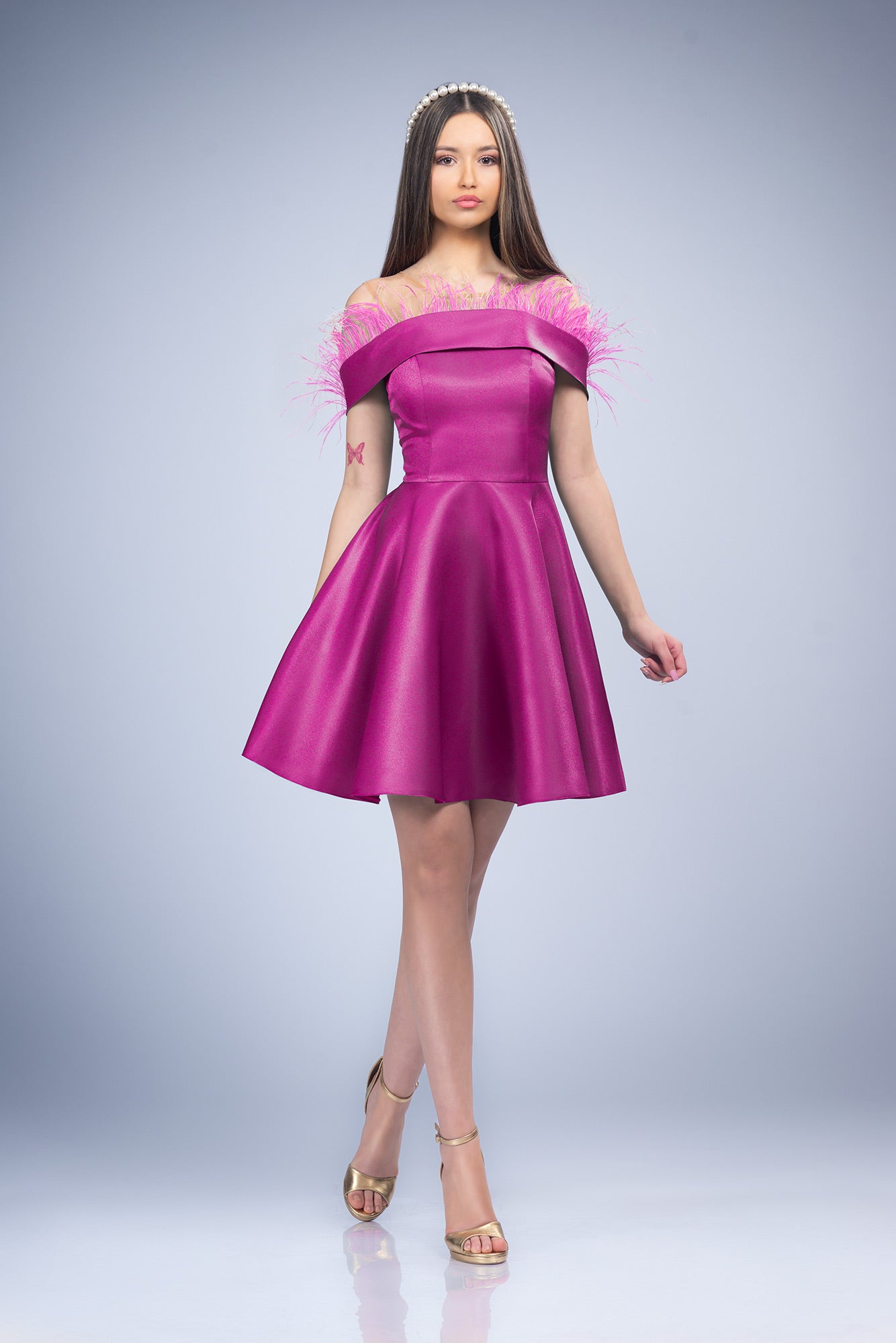 Fuchsia Dress Pearl Taffeta And Feathers Cloche