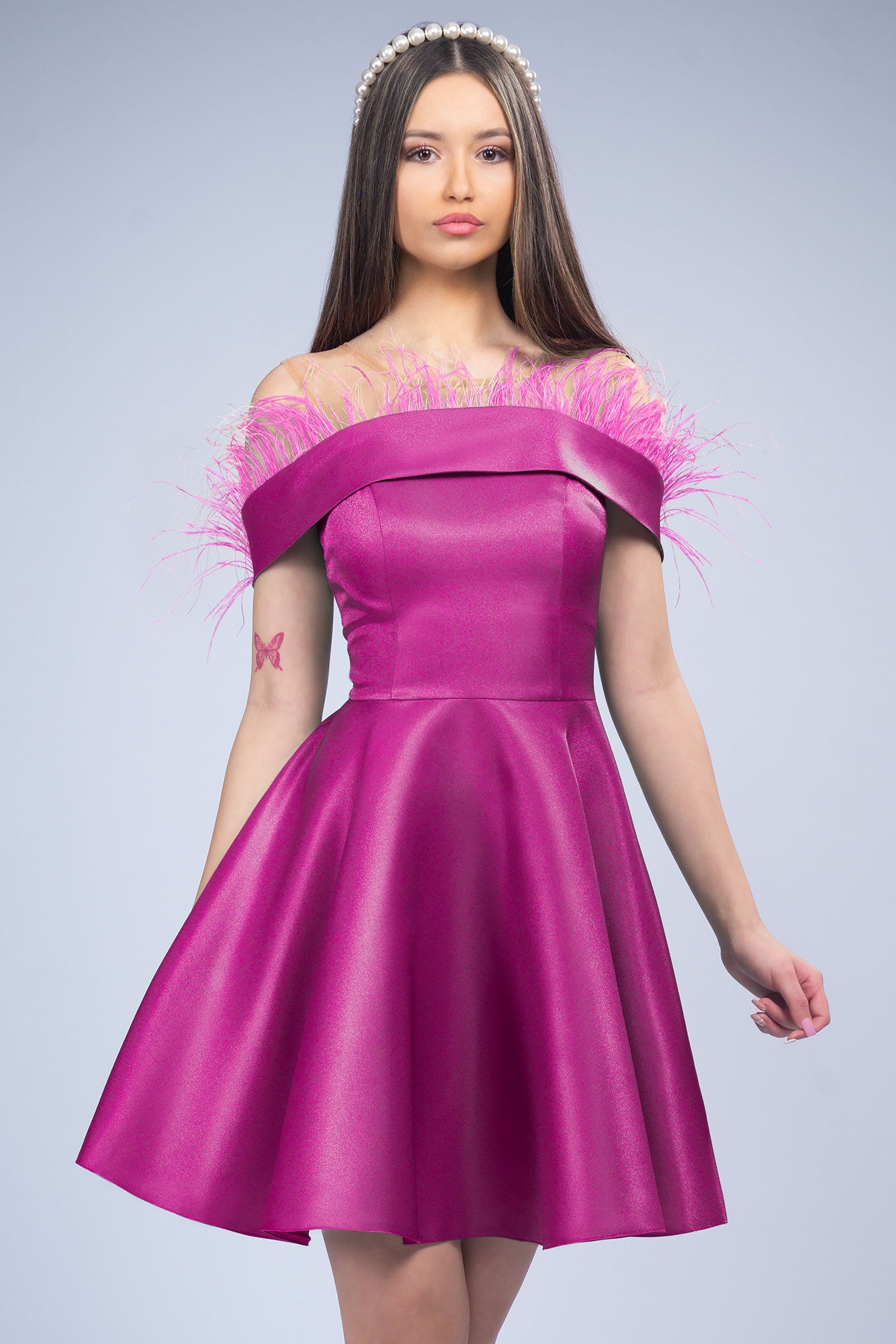 Fuchsia Dress Pearl Taffeta And Feathers Cloche