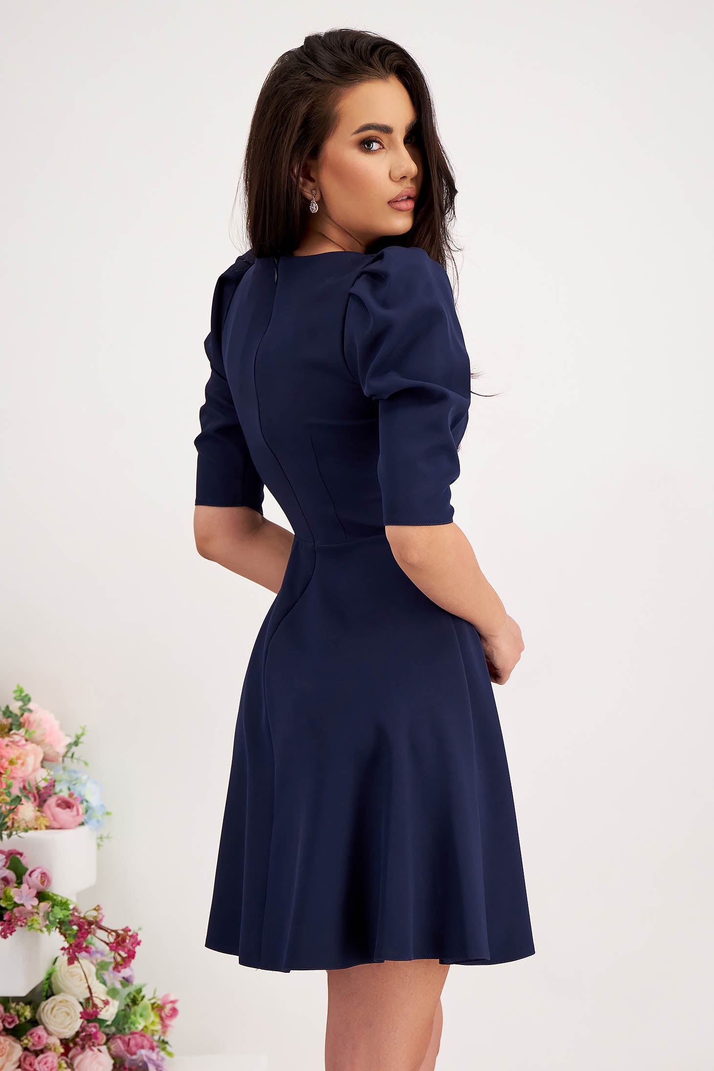 Dark Blue Dress Slightly Elastic Fabric Short Cut Cloche Puff Shoulders