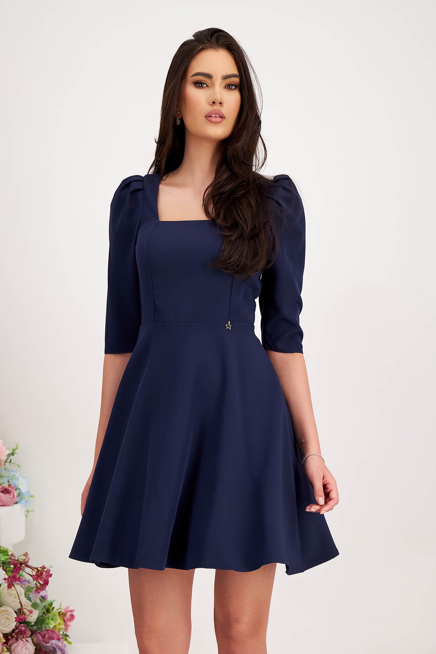 Dark Blue Dress Slightly Elastic Fabric Short Cut Cloche Puff Shoulders