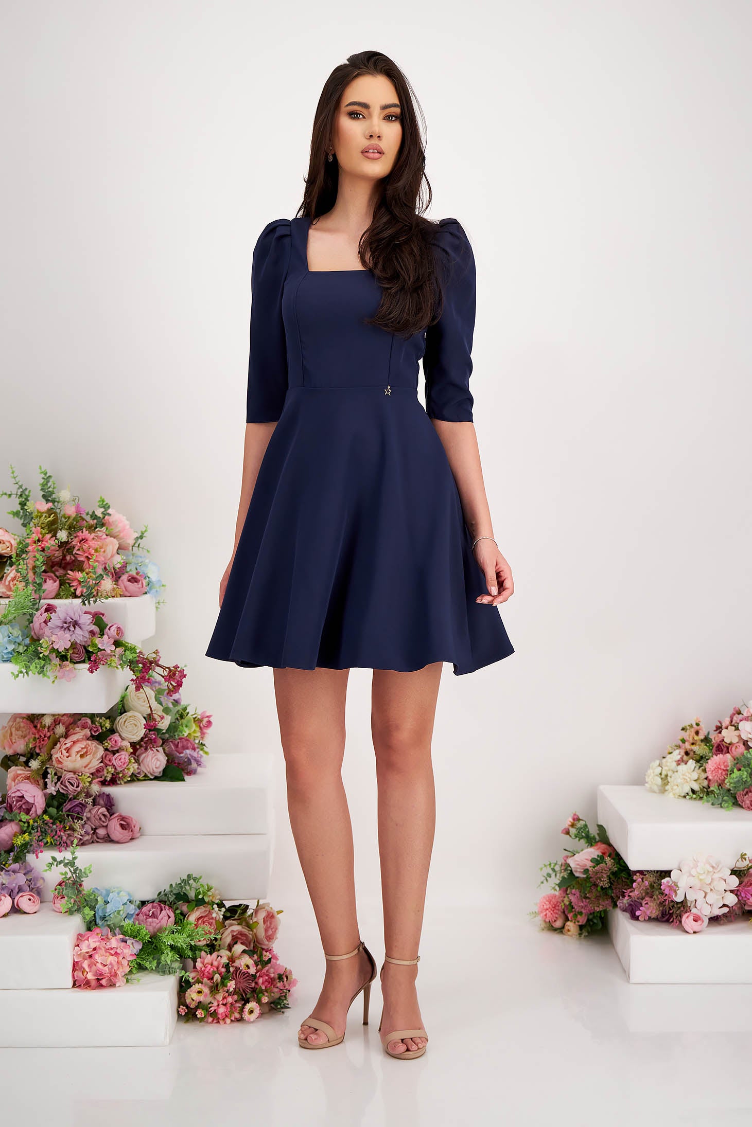 Dark Blue Dress Slightly Elastic Fabric Short Cut Cloche Puff Shoulders