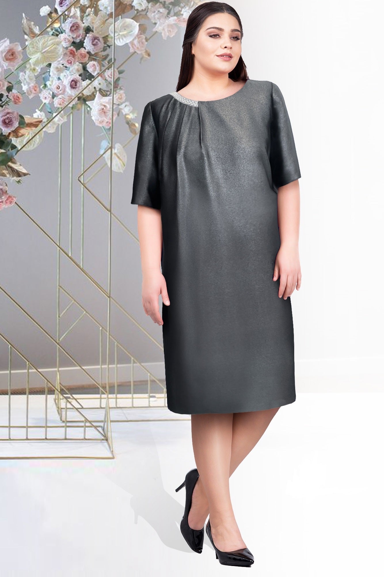 Black Dress Midi Loose Cut Satin Glitter
