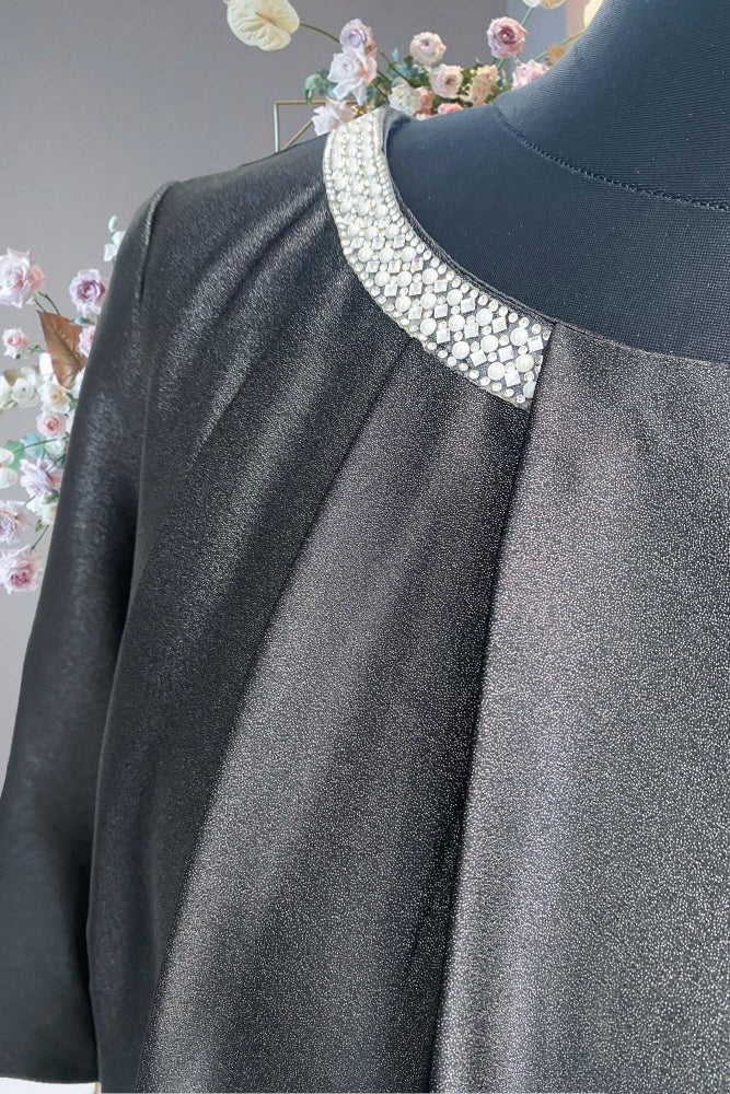 Black Dress Midi Loose Cut Satin Glitter