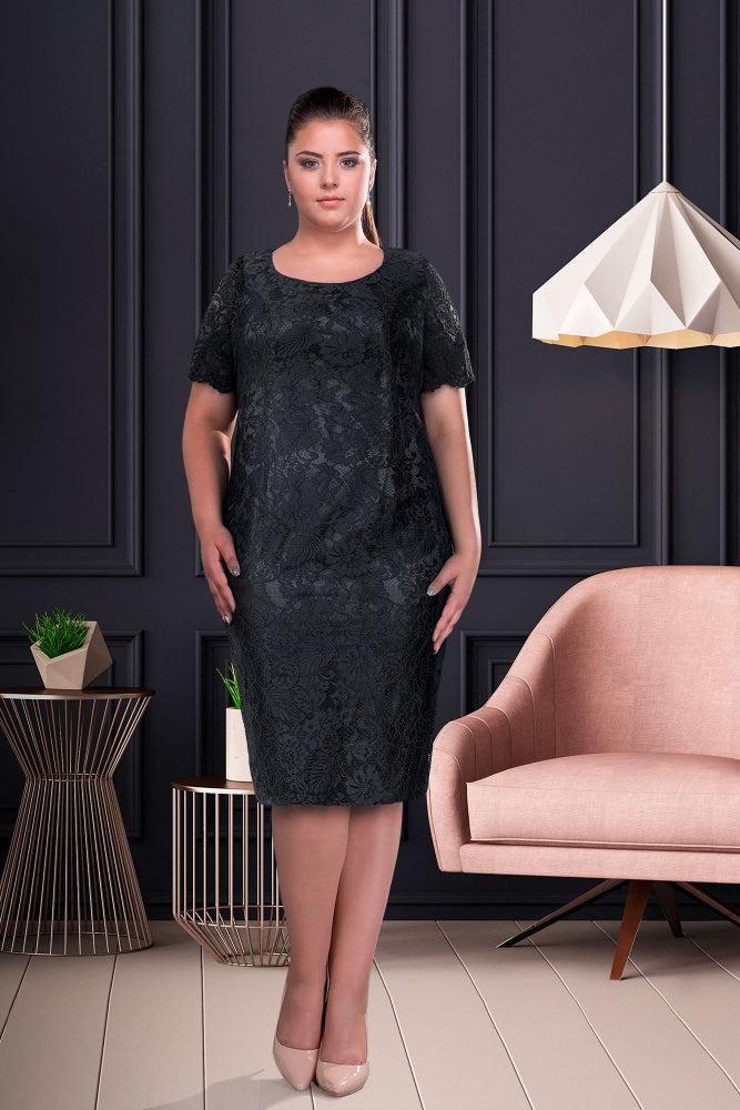 Black Midi Straight Dress Satin And Lace