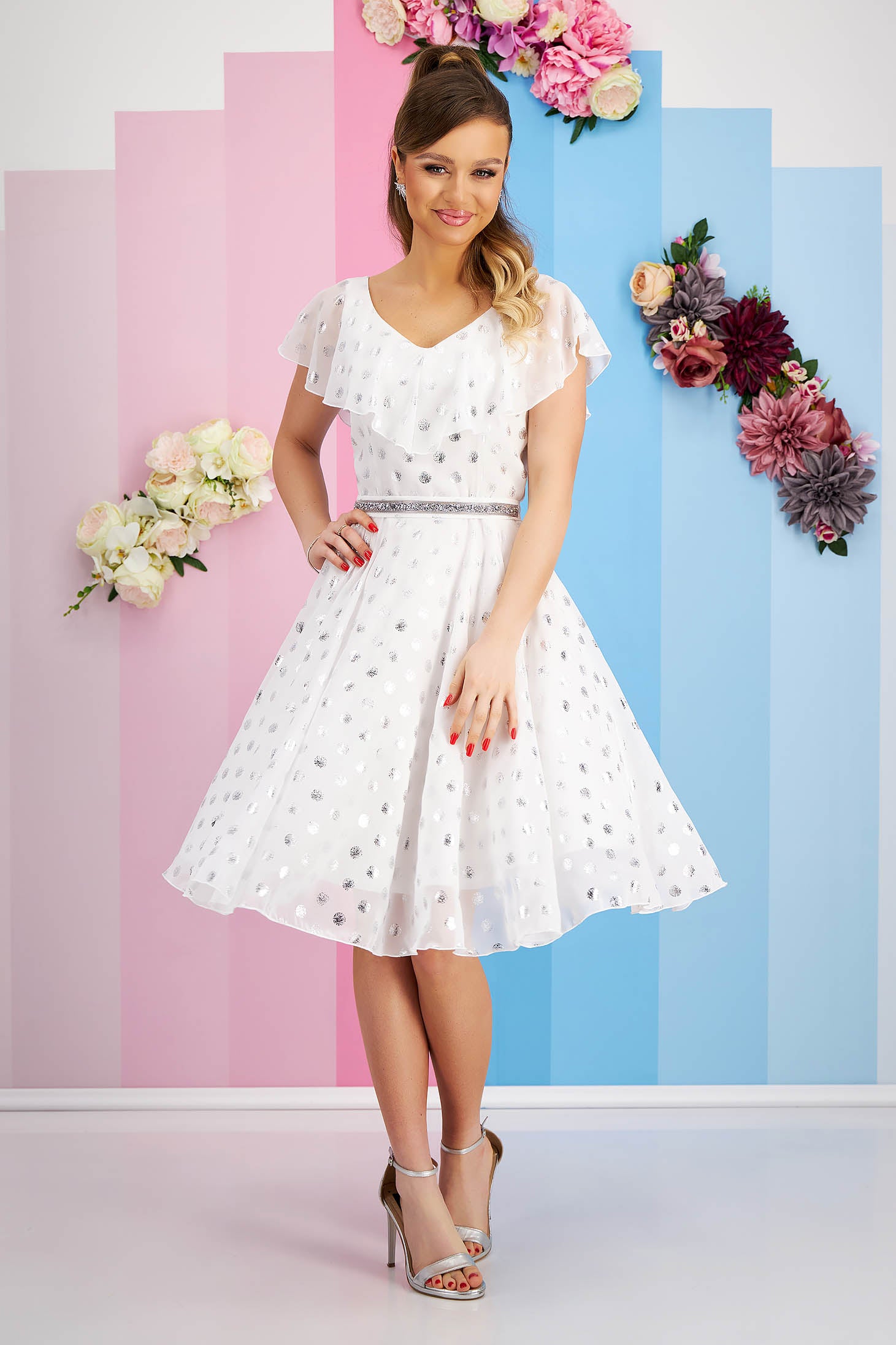 White Voile Midi Dress With Frills On The Neckline