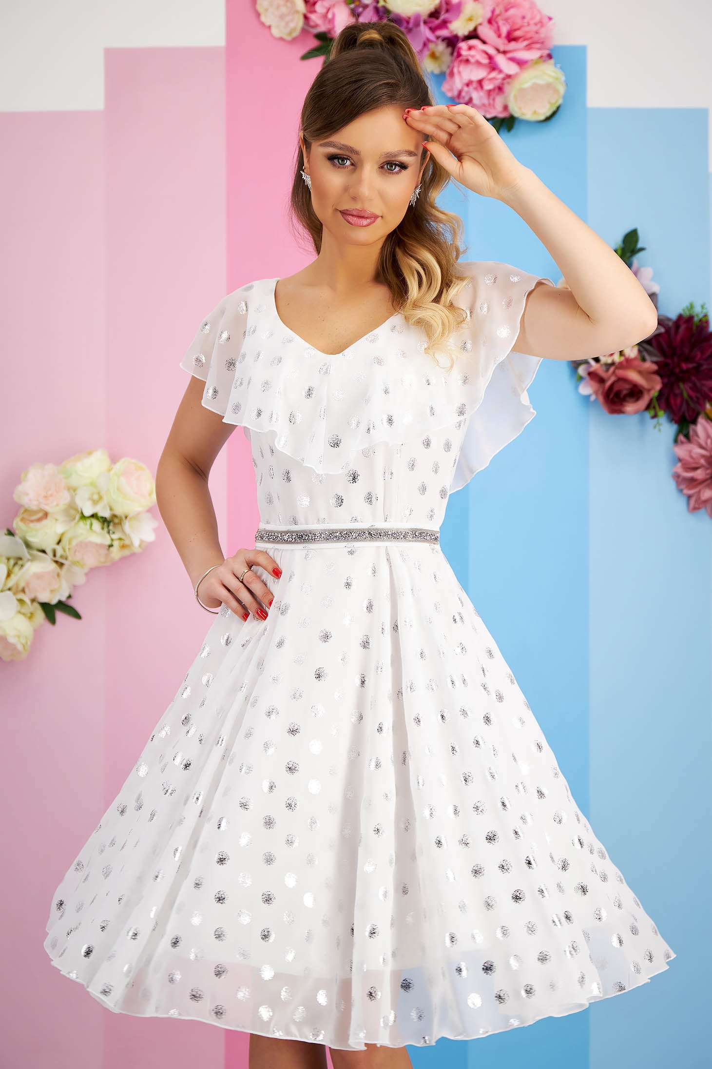 White Voile Midi Dress With Frills On The Neckline