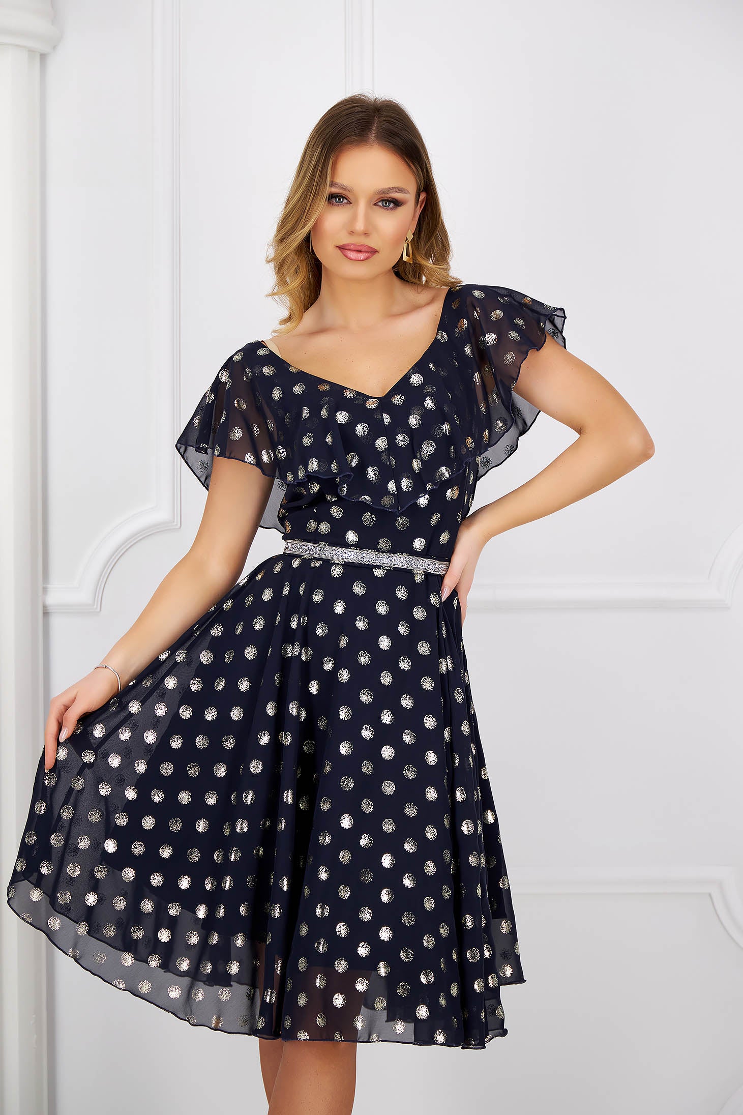 Dark Blue Voile Midi Dress With Frills On The Neckline