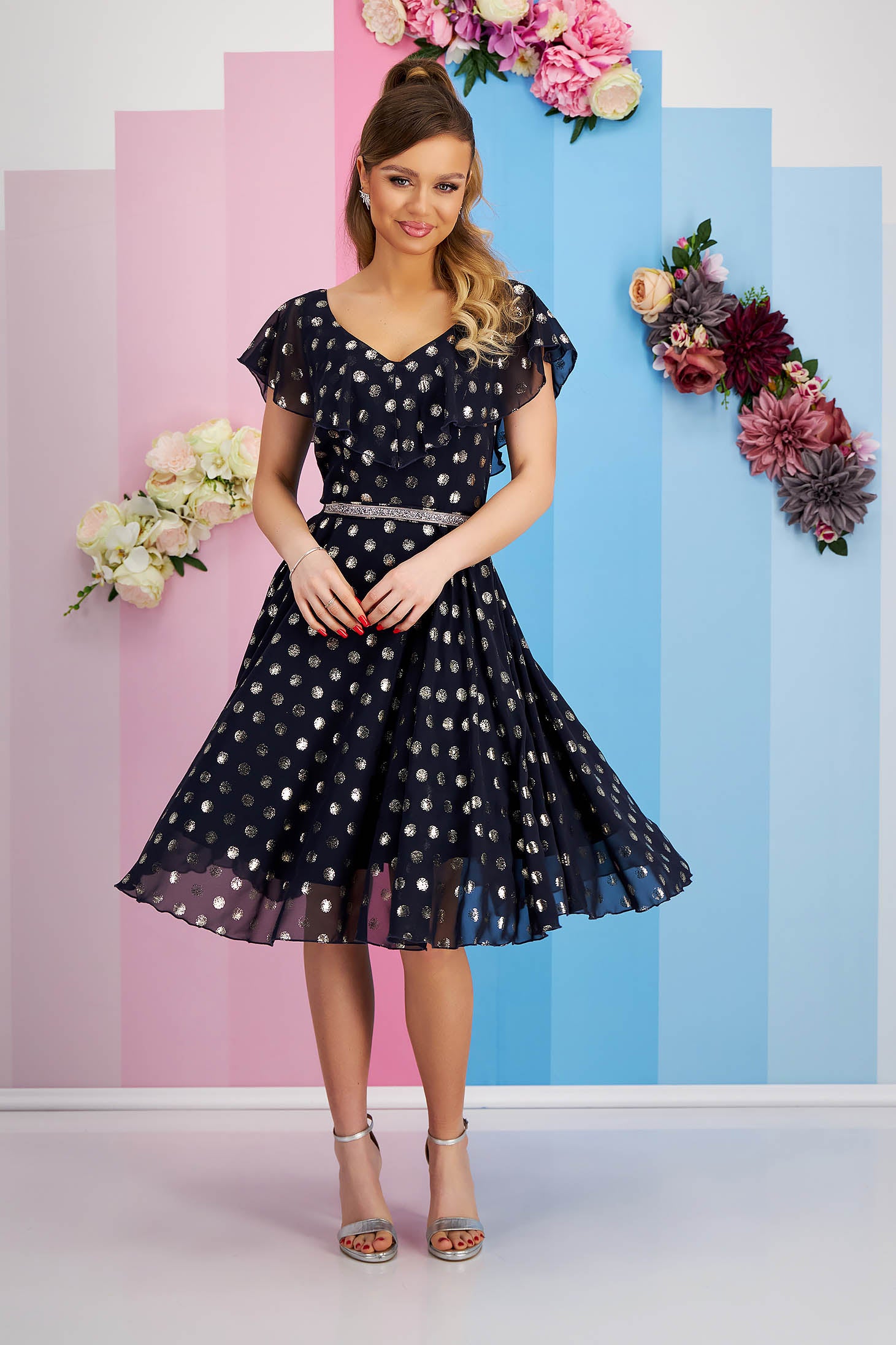 Dark Blue Voile Midi Dress With Frills On The Neckline