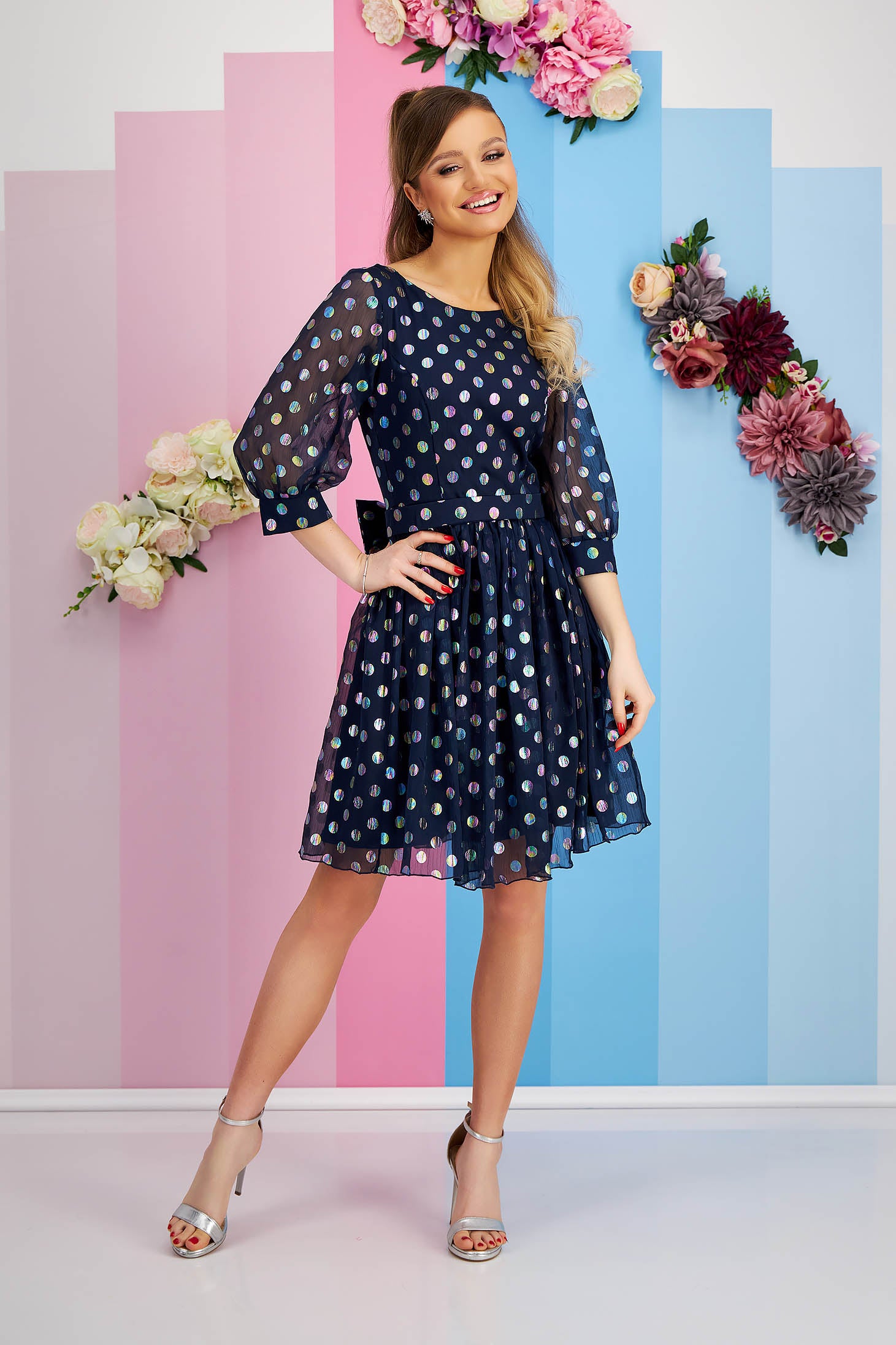 Dark Blue Voile Dress With Polka Dots Accessorized With Cord And Bow