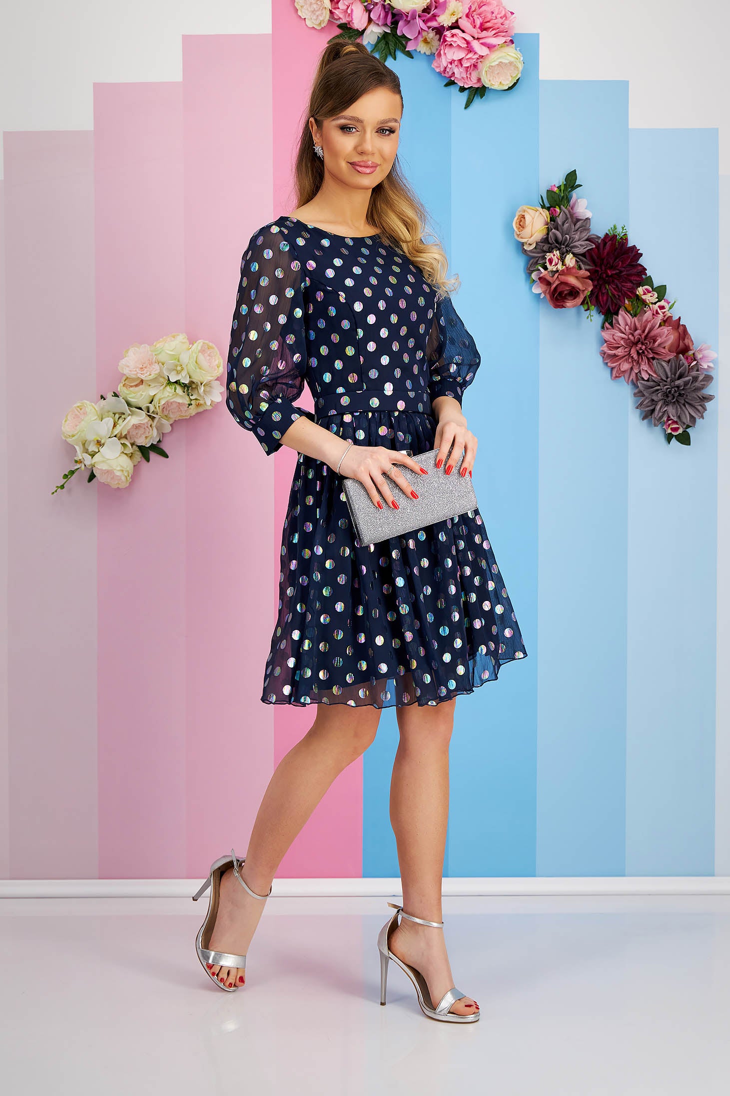 Dark Blue Voile Dress With Polka Dots Accessorized With Cord And Bow