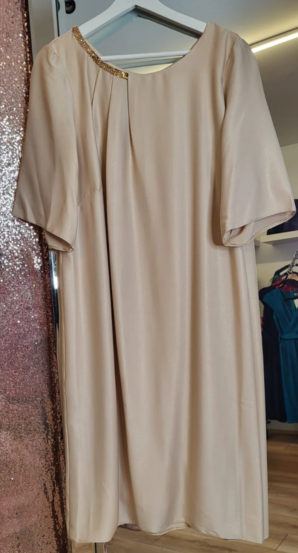 Beige Dress Midi Loose Cut Satin Glitter