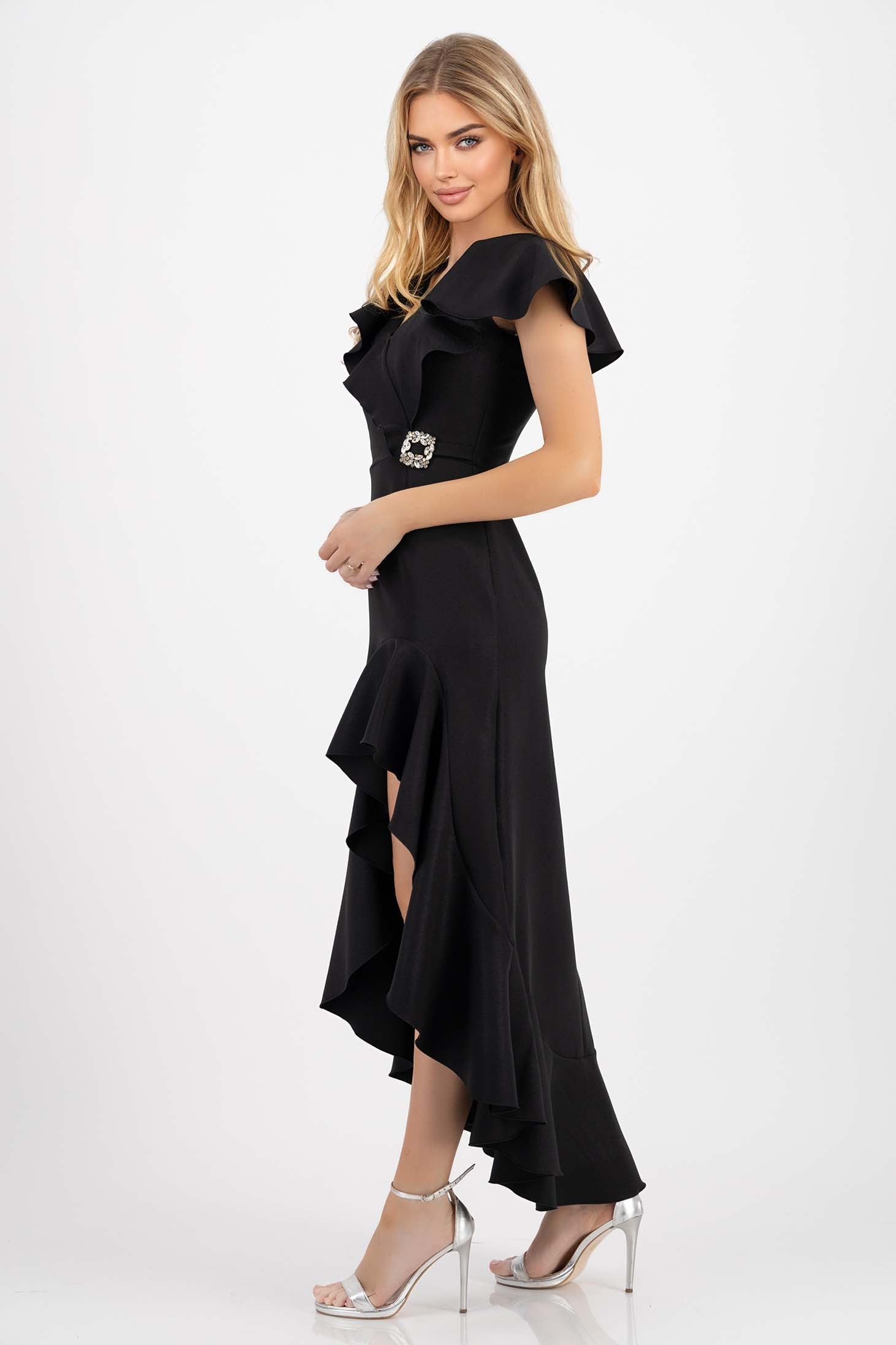 Black Dress Elastic Cloth Asymmetrical With Ruffle Details With V-Neckline
