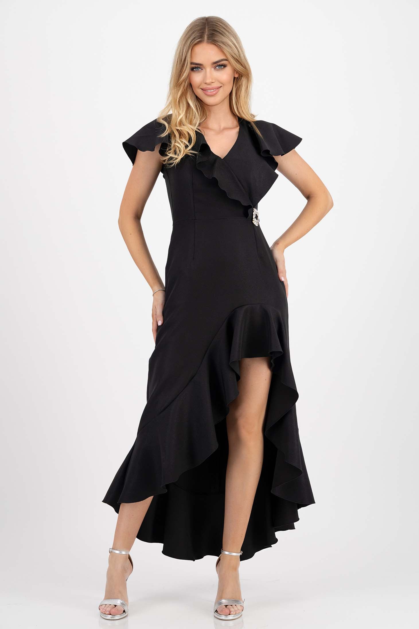 Black Dress Elastic Cloth Asymmetrical With Ruffle Details With V-Neckline