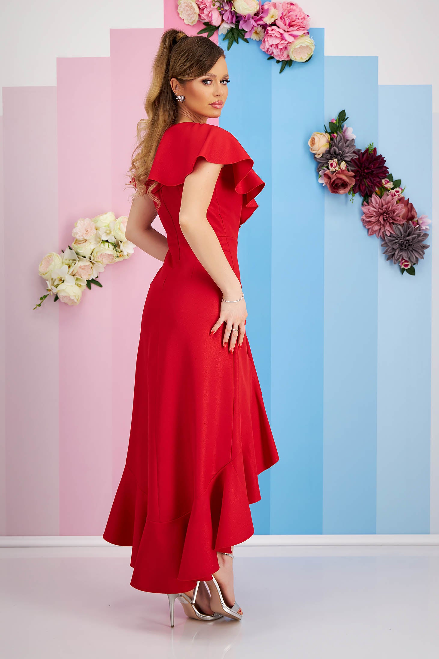 Red Dress Elastic Cloth Asymmetrical With Ruffle Details With V-Neckline