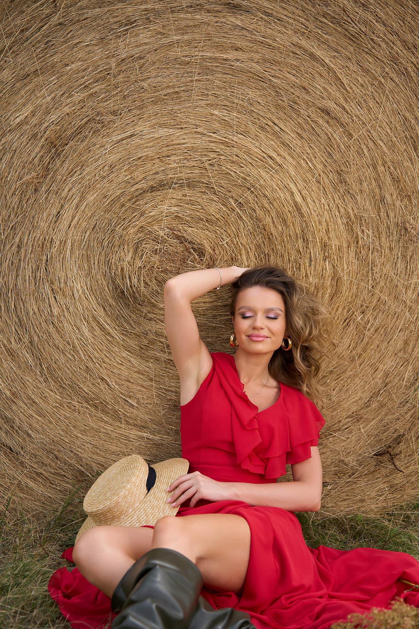 Red Dress Cloche Asymmetrical From Veil Fabric Midi With Ruffled Sleeves