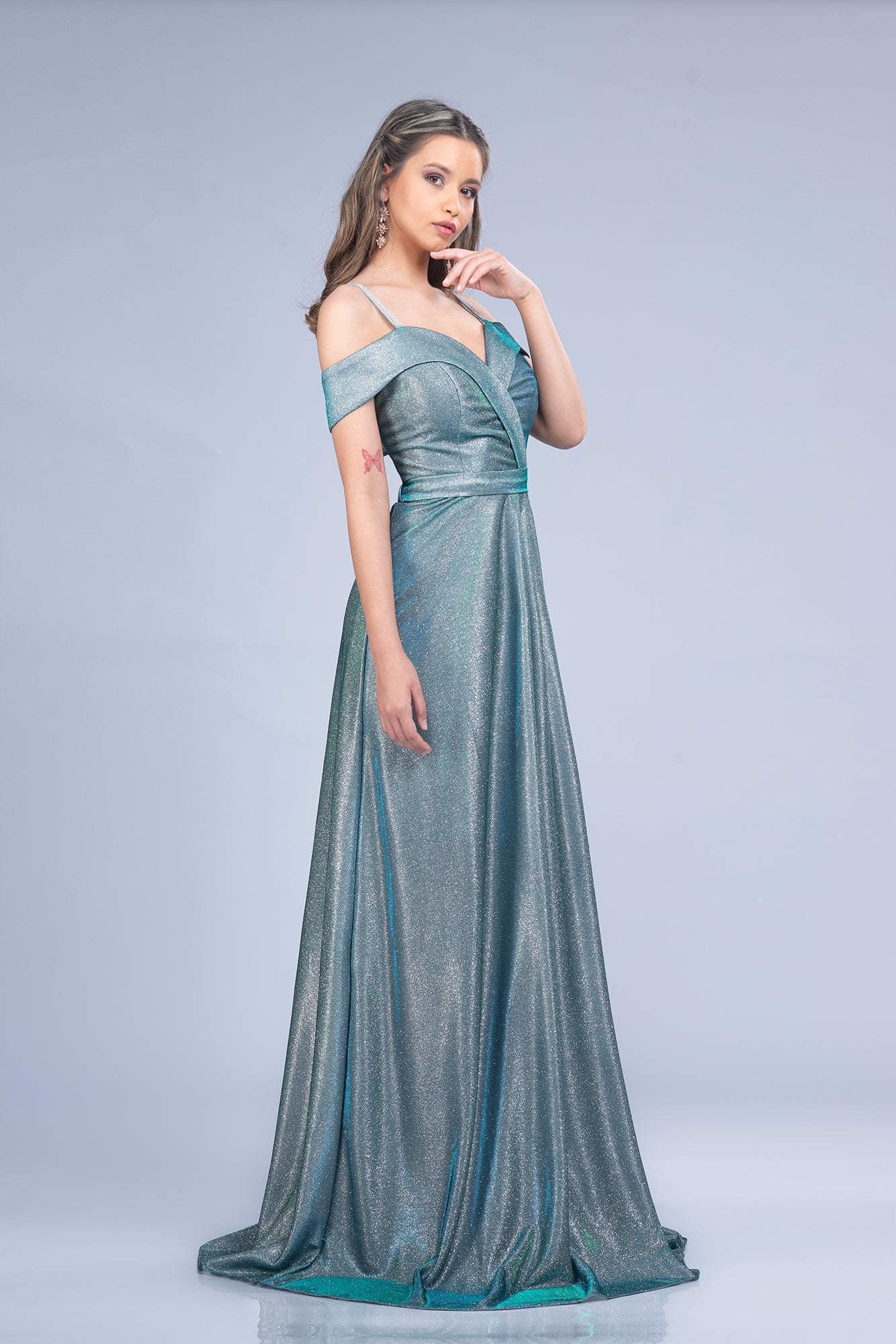 Long Dress Silver With Aqua Reflections Lurex