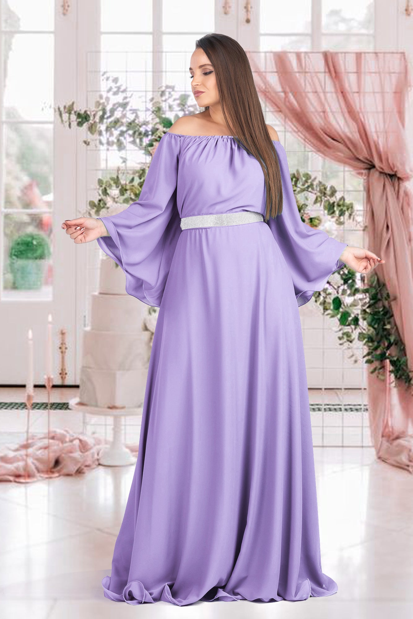 Maxi Dress Lilac Rhinestones Waistband