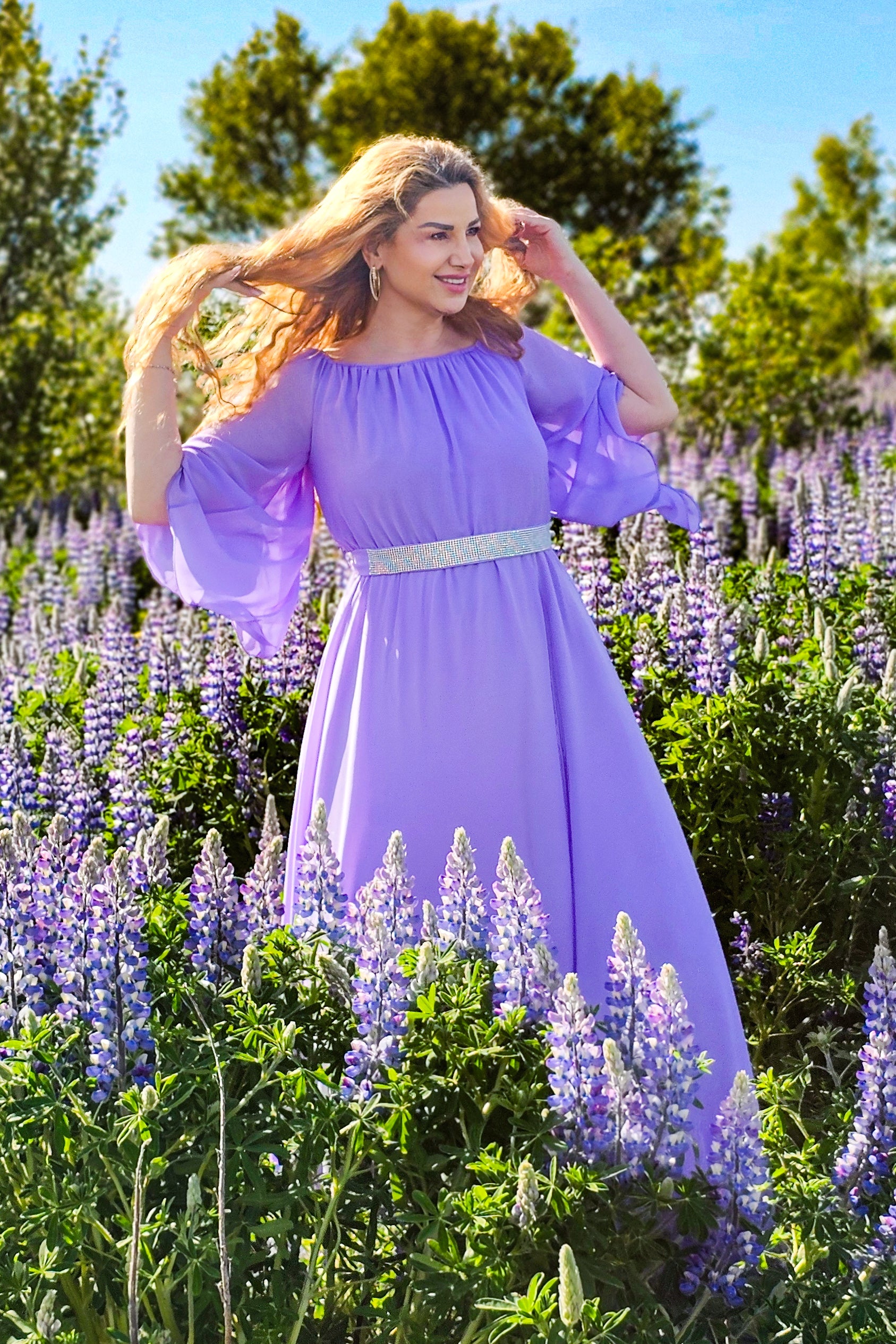 Maxi Dress Lilac Rhinestones Waistband