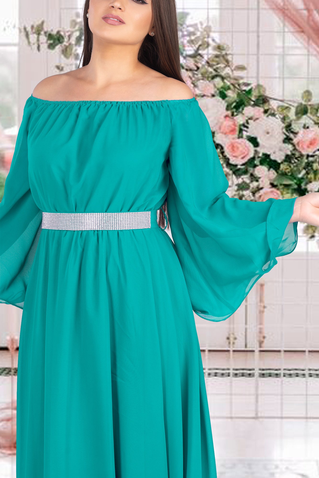 Maxi Dress Turquoise Rhinestones Waistband