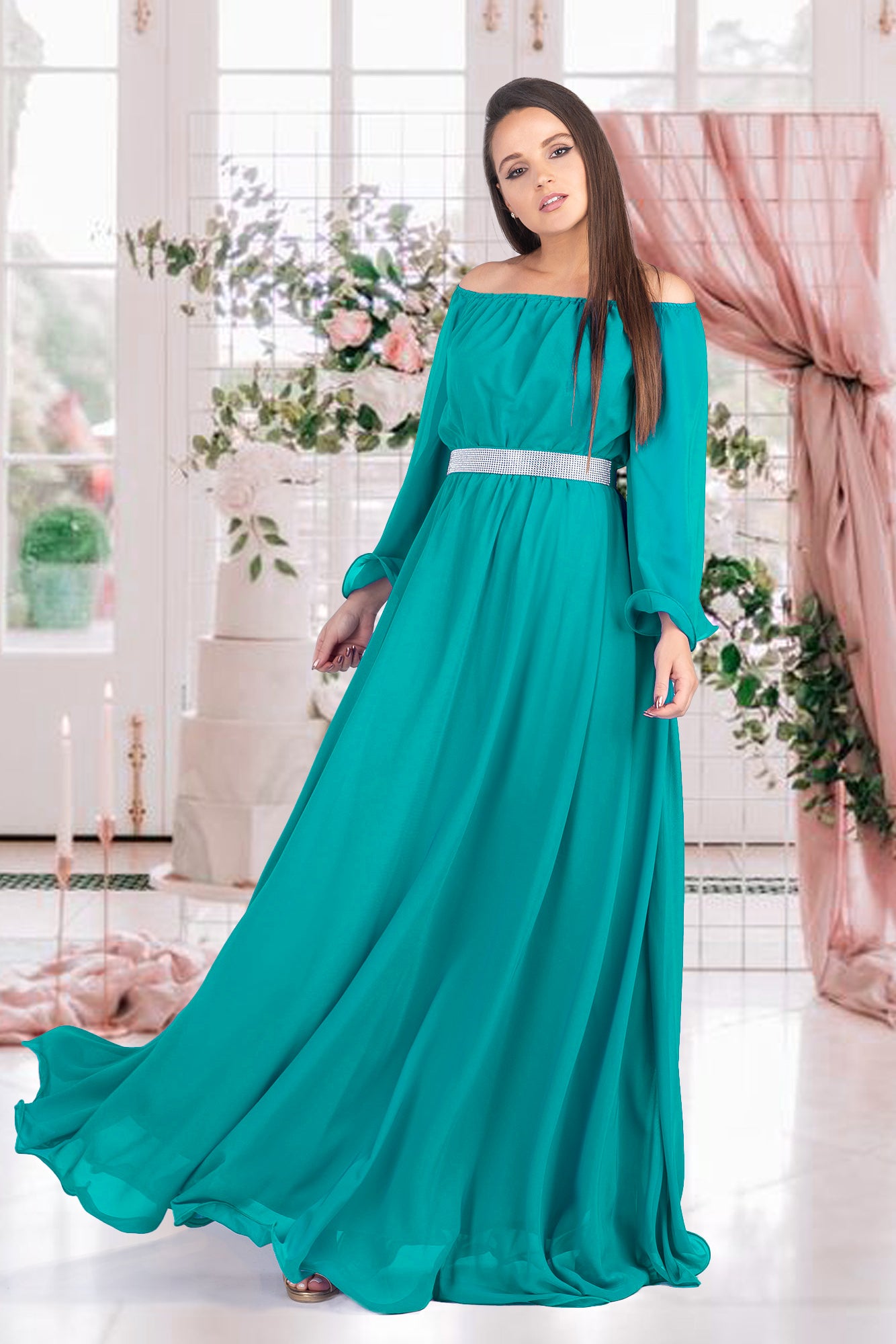 Maxi Dress Turquoise Rhinestones Waistband