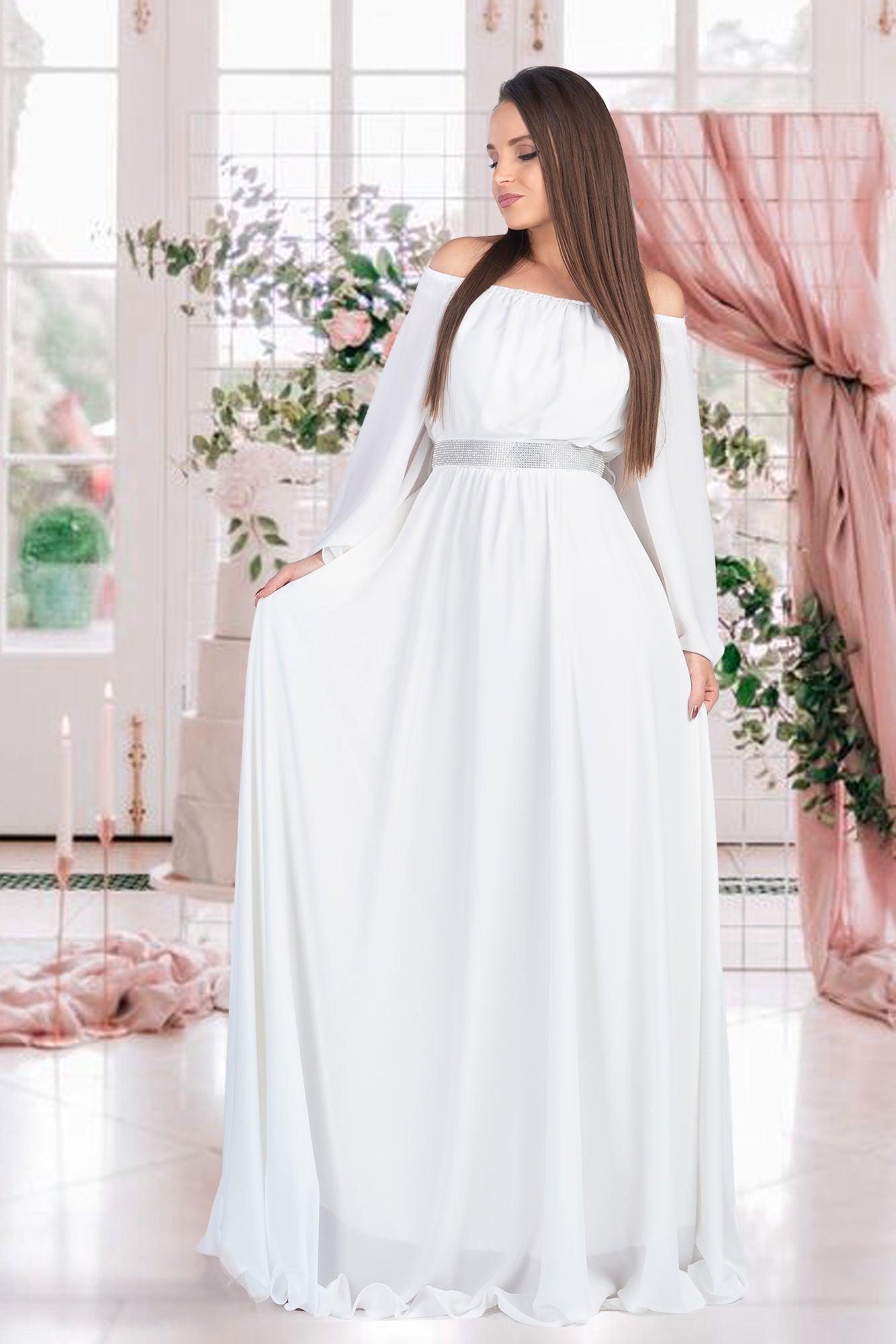 Maxi Dress White Rhinestones Waistband