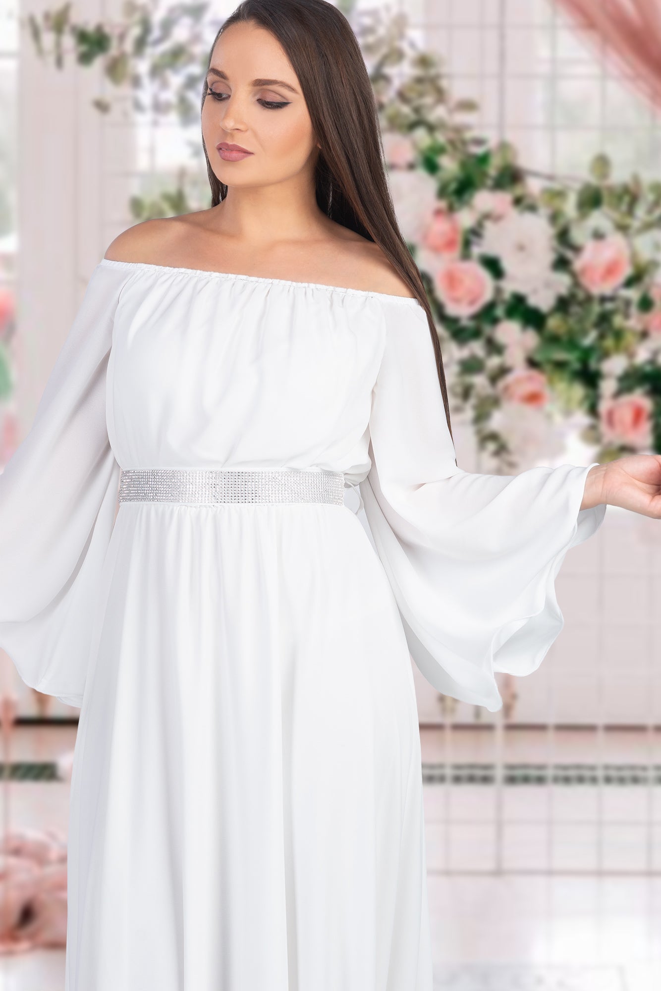 Maxi Dress White Rhinestones Waistband