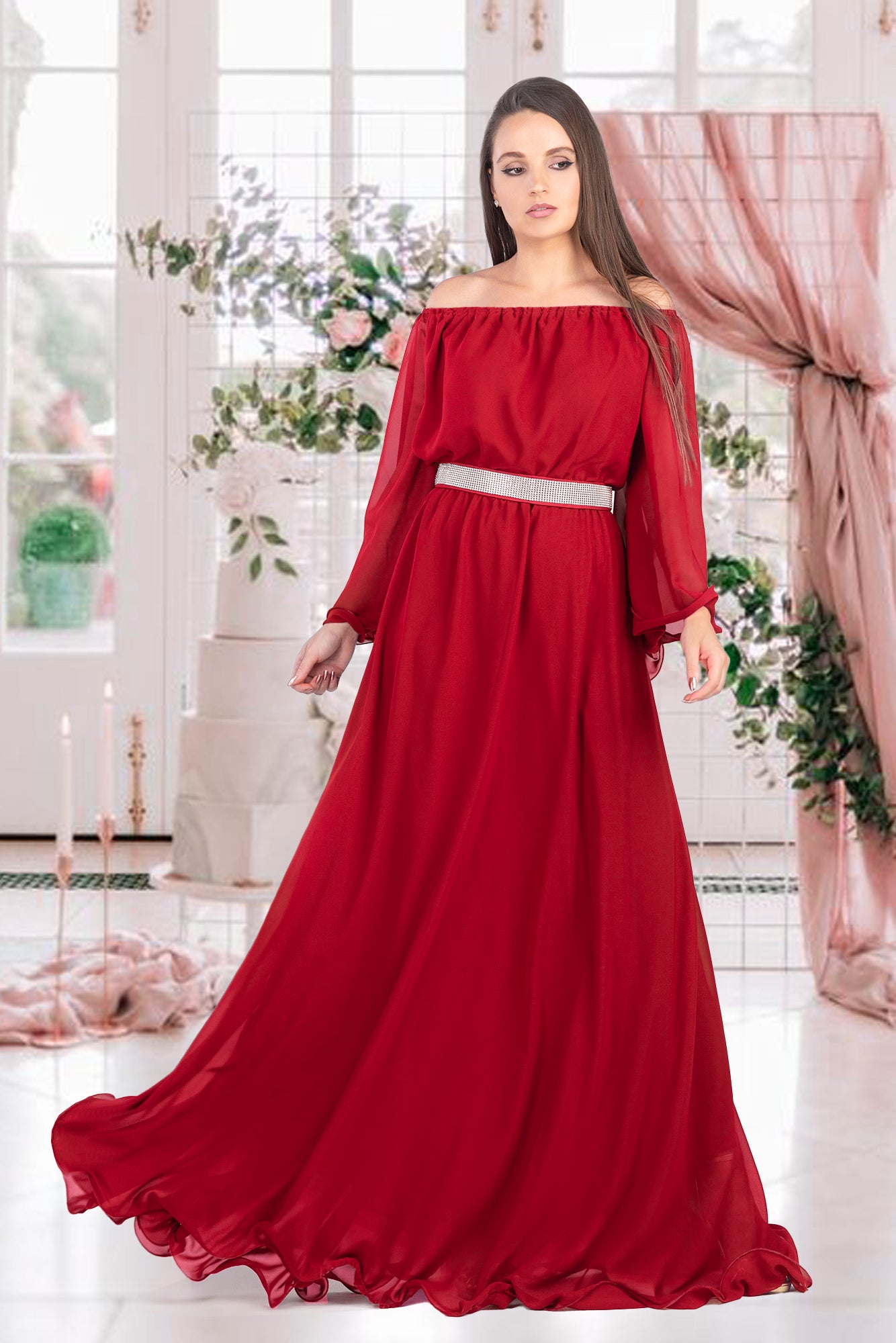 Maxi Dress Red Rhinestones Waistband