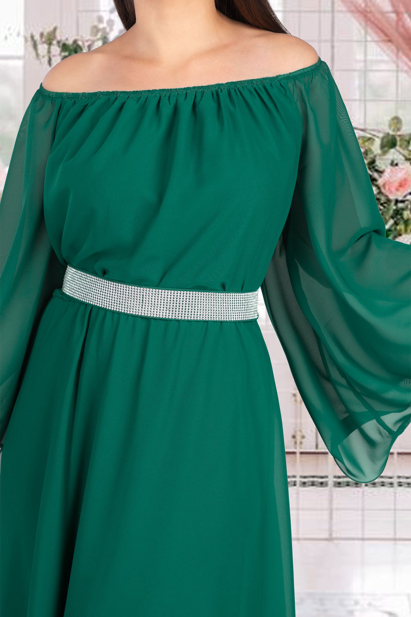 Maxi Dress Green Rhinestones Waistband