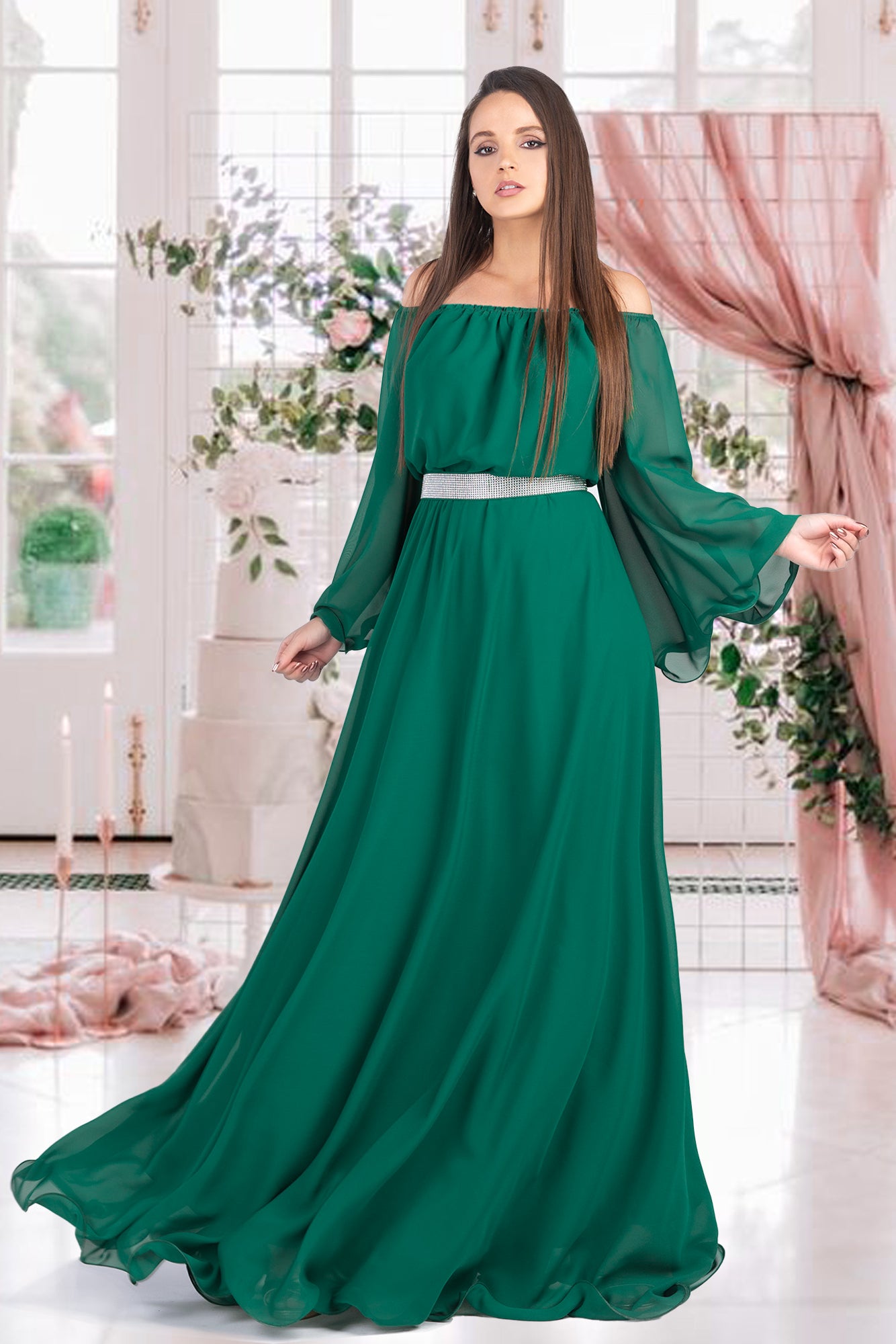 Maxi Dress Green Rhinestones Waistband