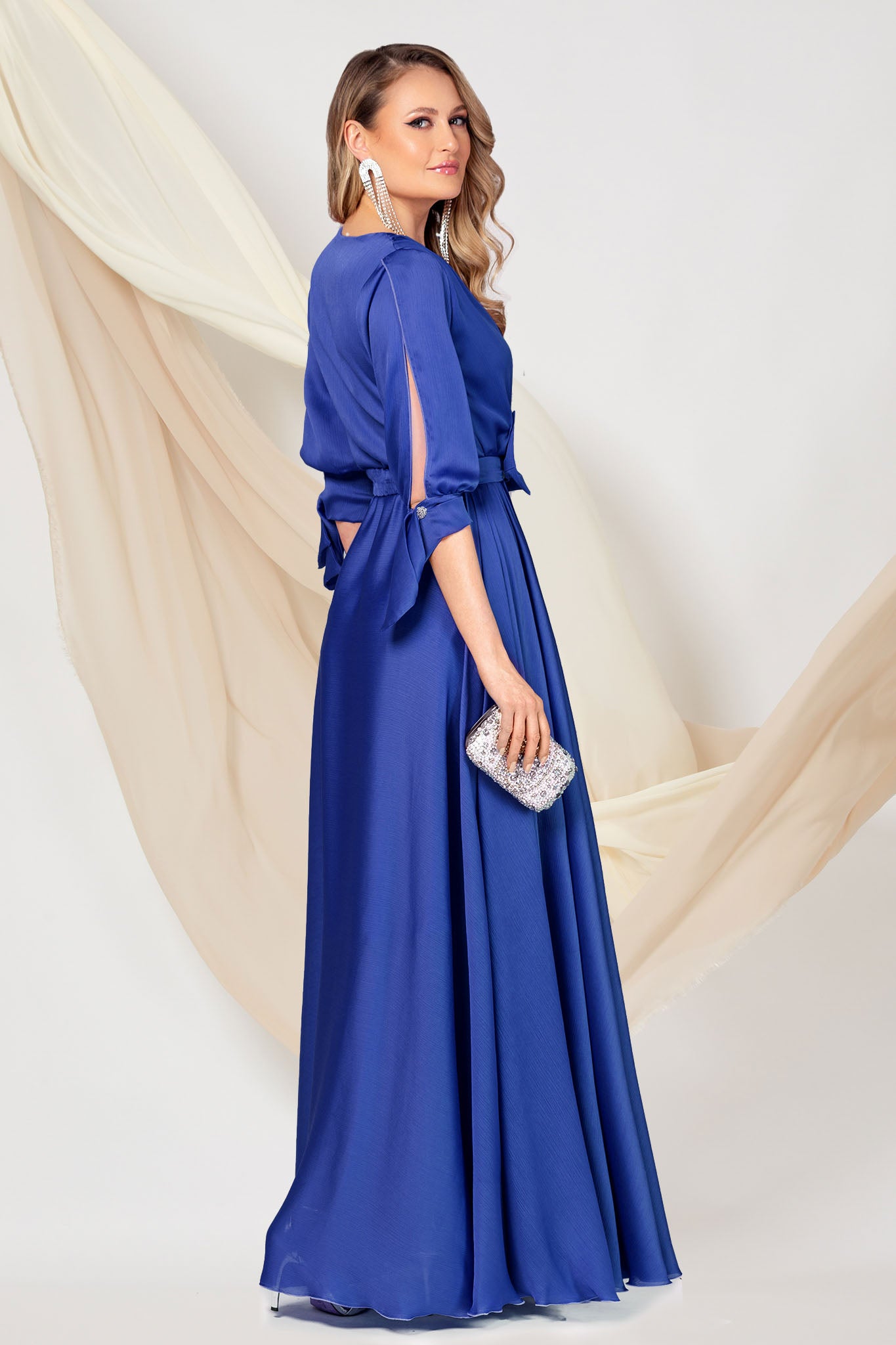 Blue Long Dress With Cuffs And Bow Lace