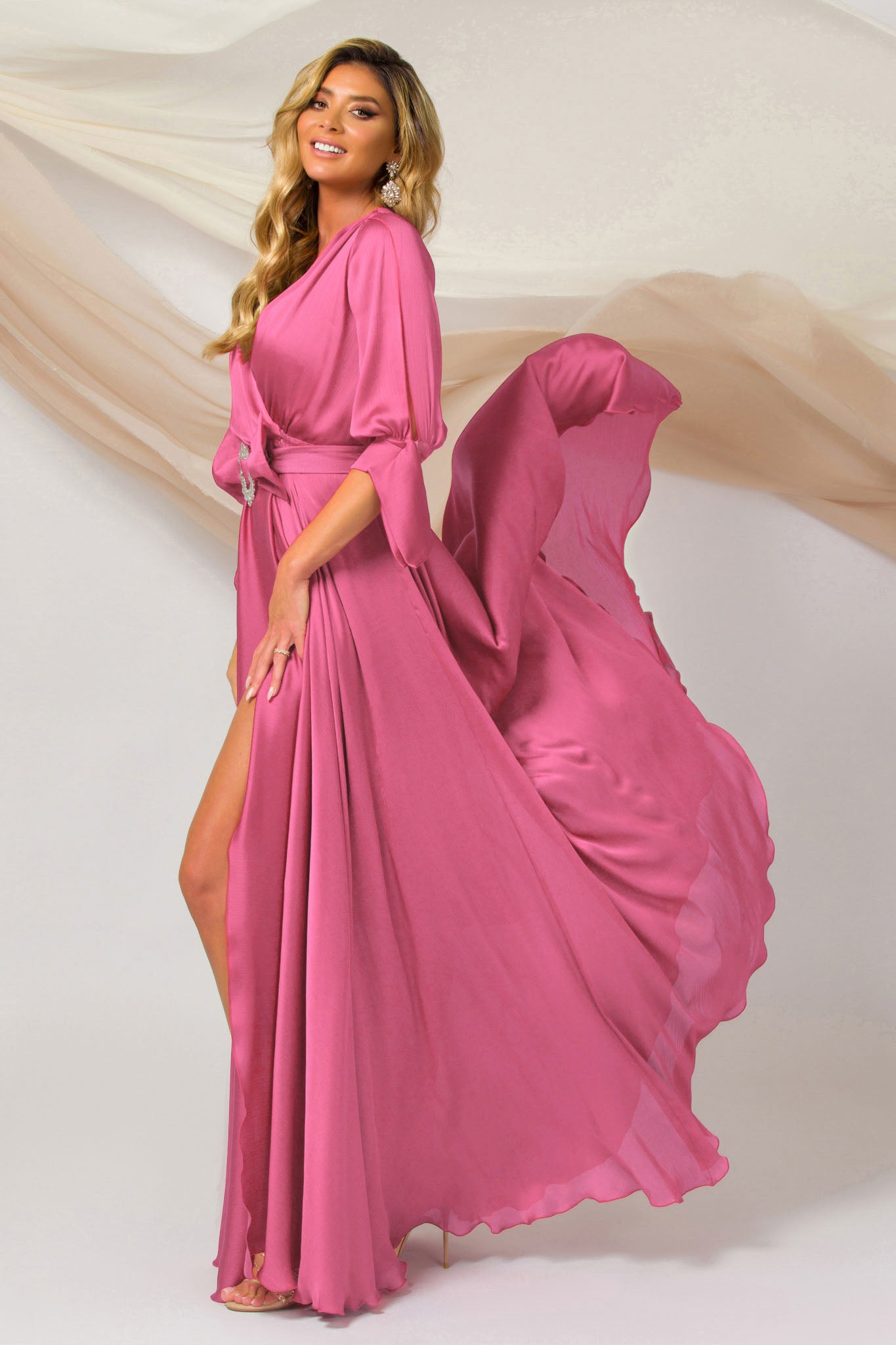 Pink Long Dress With Cuffs And Bow Lace