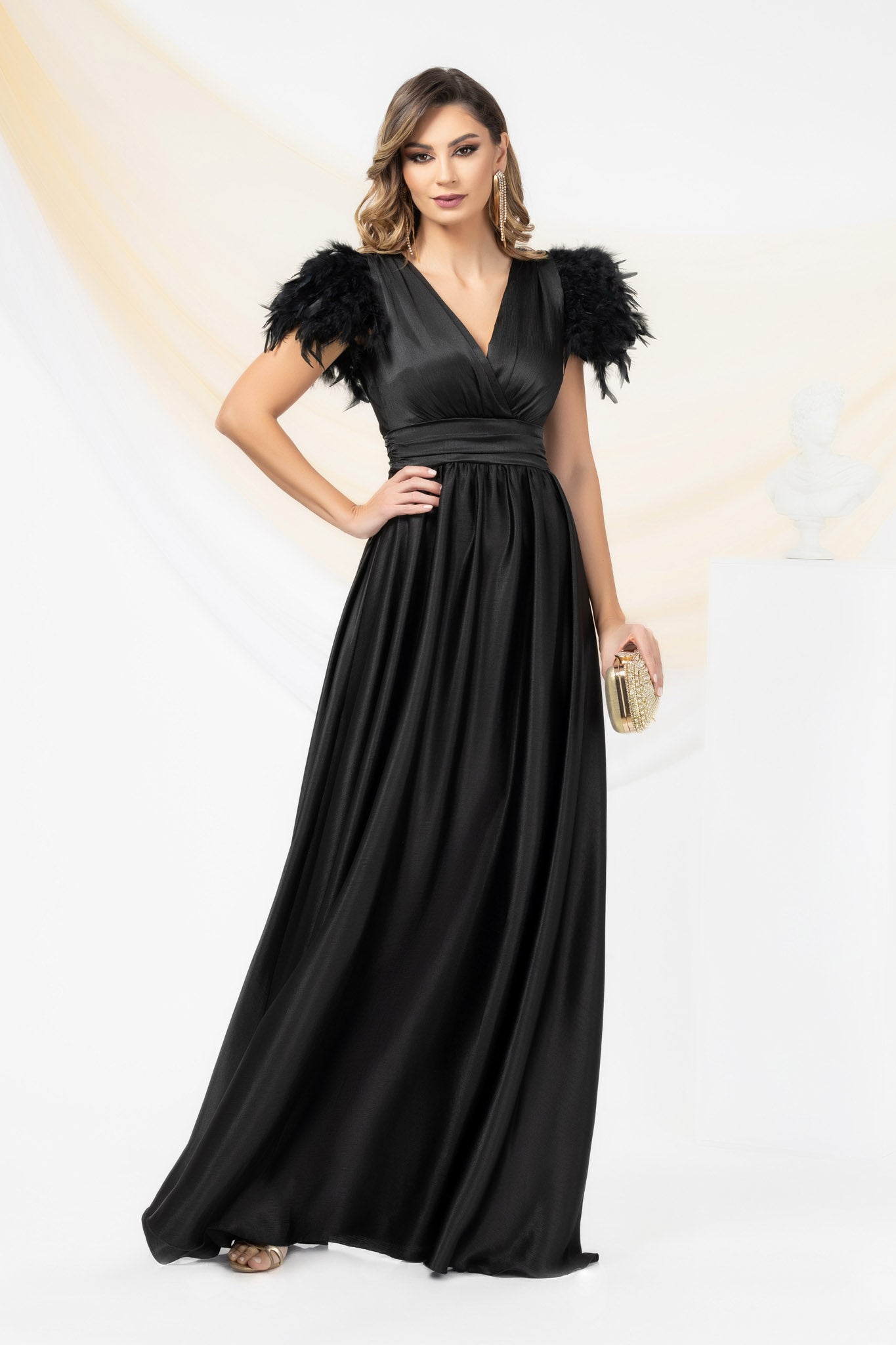 Black Long Occasional Dress With Sleeves Elegantly Accessorized With Feathers
