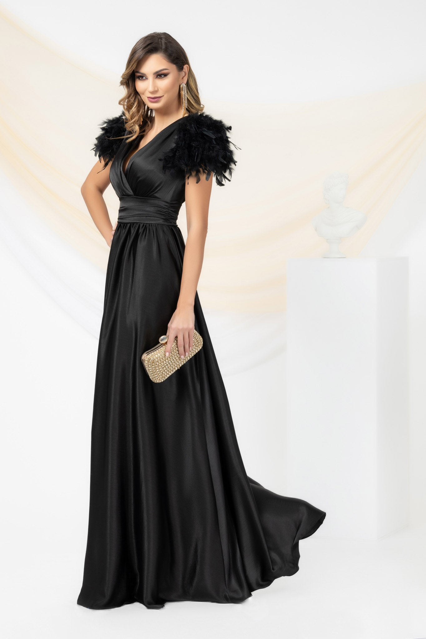 Black Long Occasional Dress With Sleeves Elegantly Accessorized With Feathers