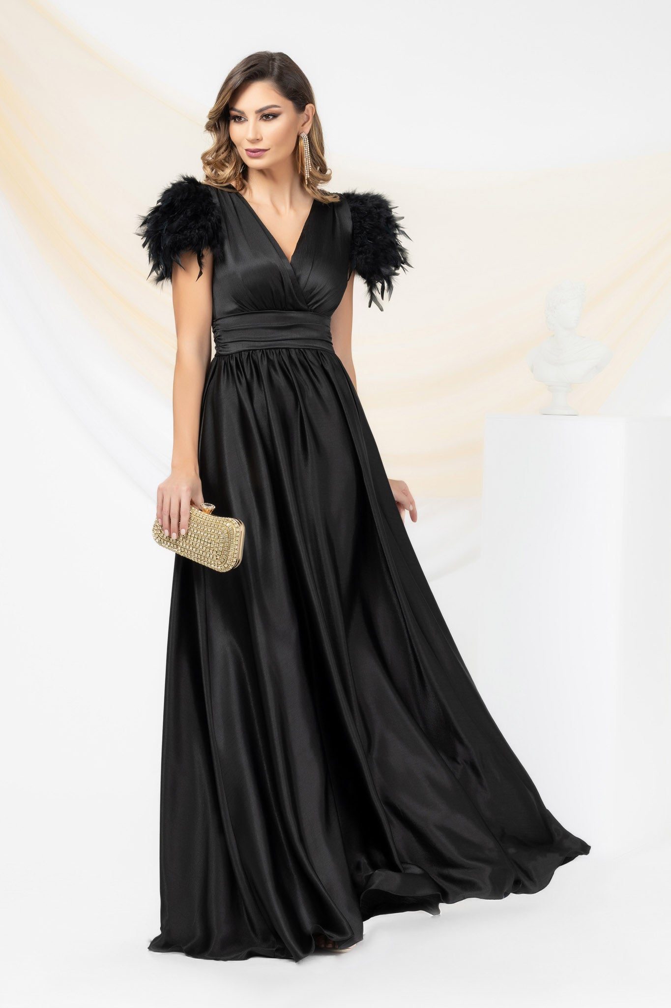 Black Long Occasional Dress With Sleeves Elegantly Accessorized With Feathers
