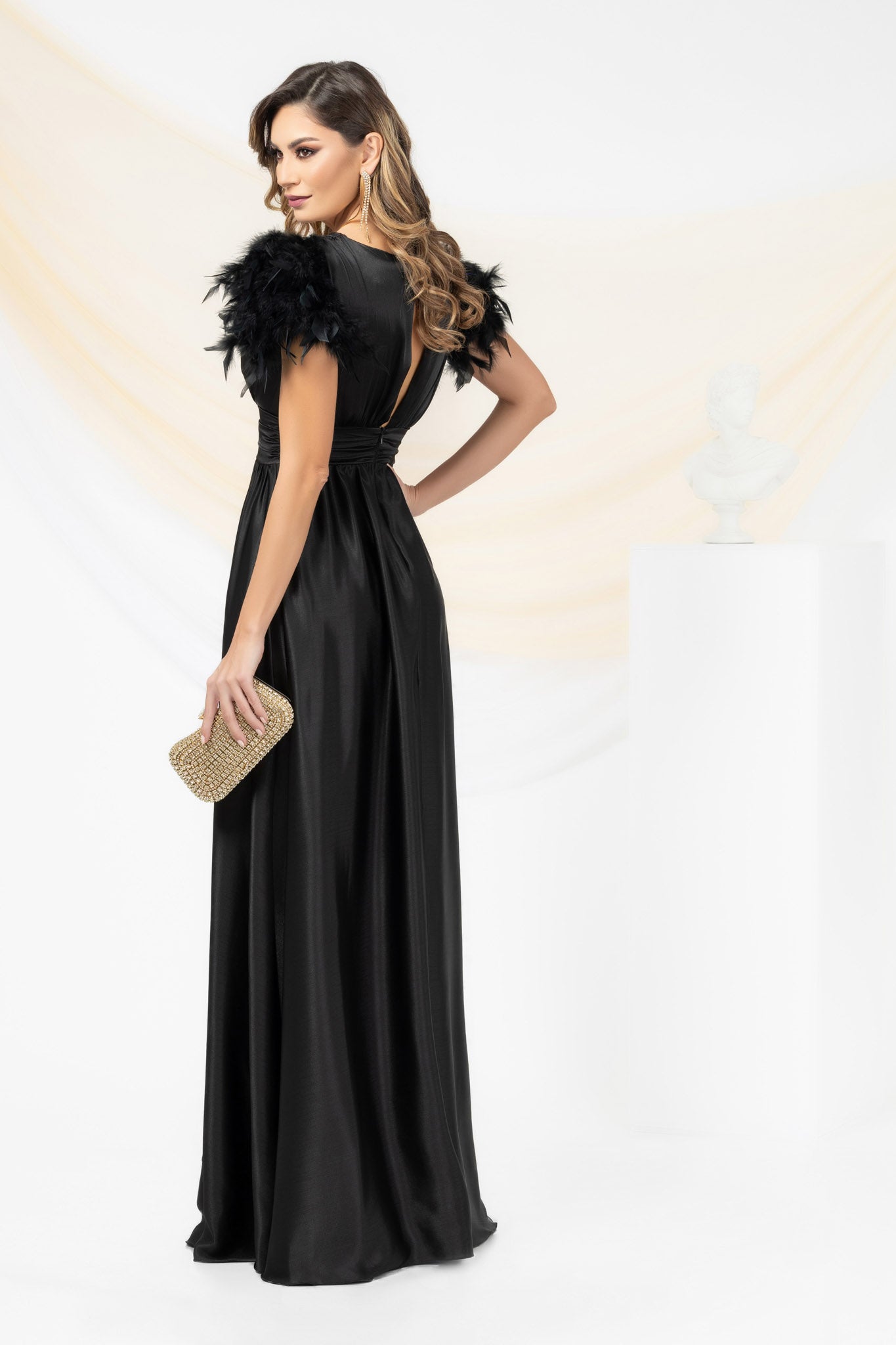 Black Long Occasional Dress With Sleeves Elegantly Accessorized With Feathers