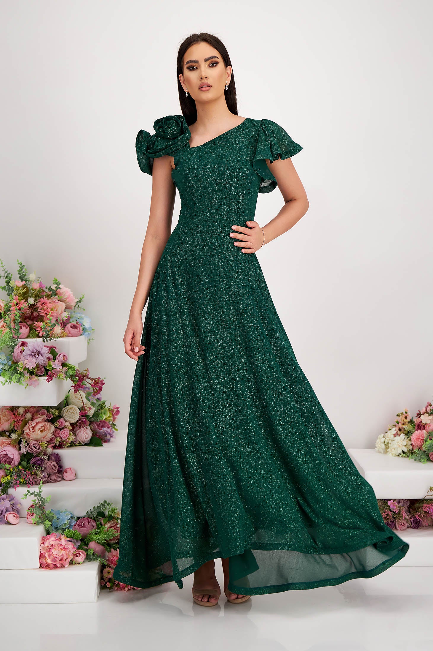 Dark Green Asymmetric Georgette Dress With Glitter Details Asymmetrica