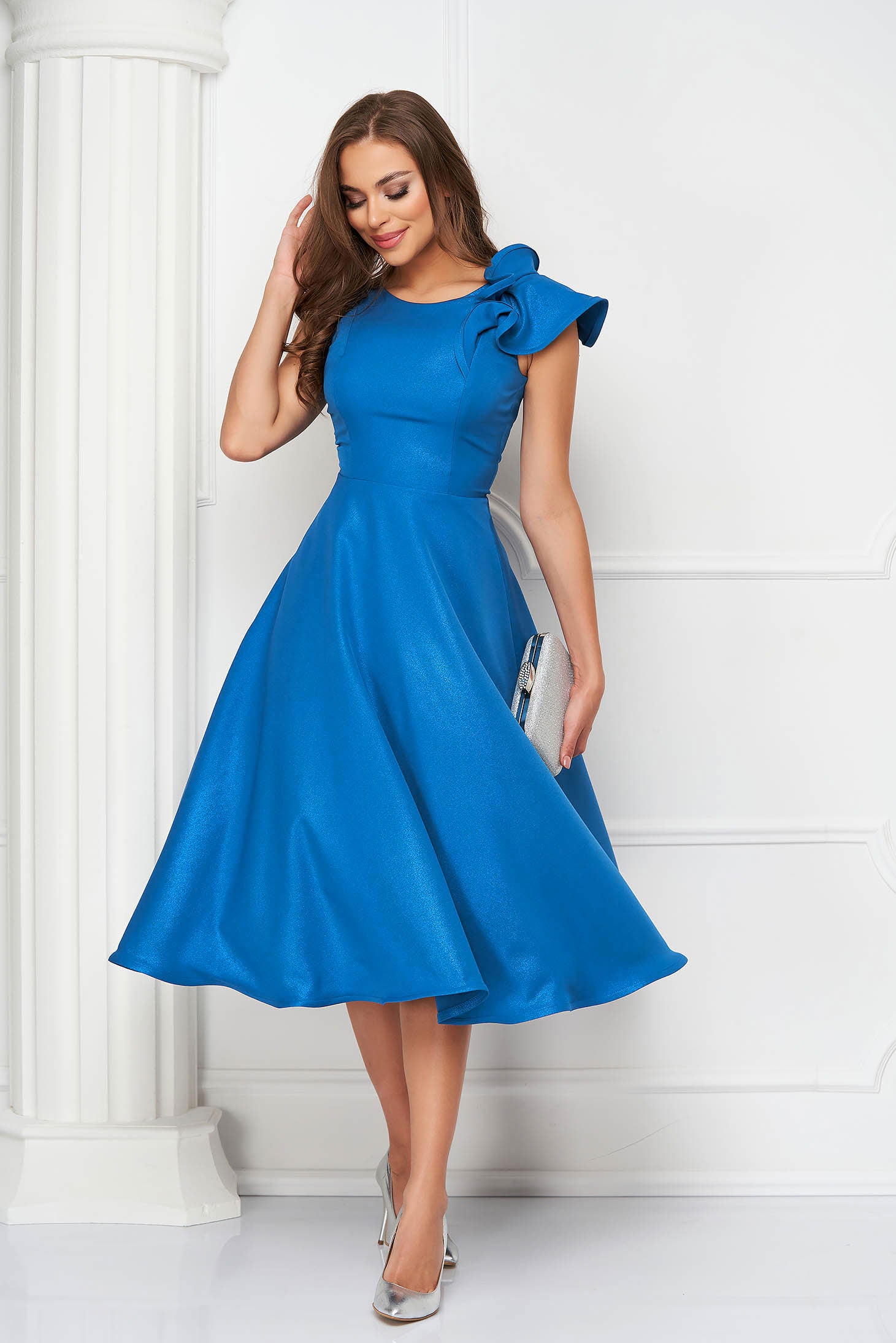 Blue Dress Cloche Elastic Cloth With Ruffled Sleeves