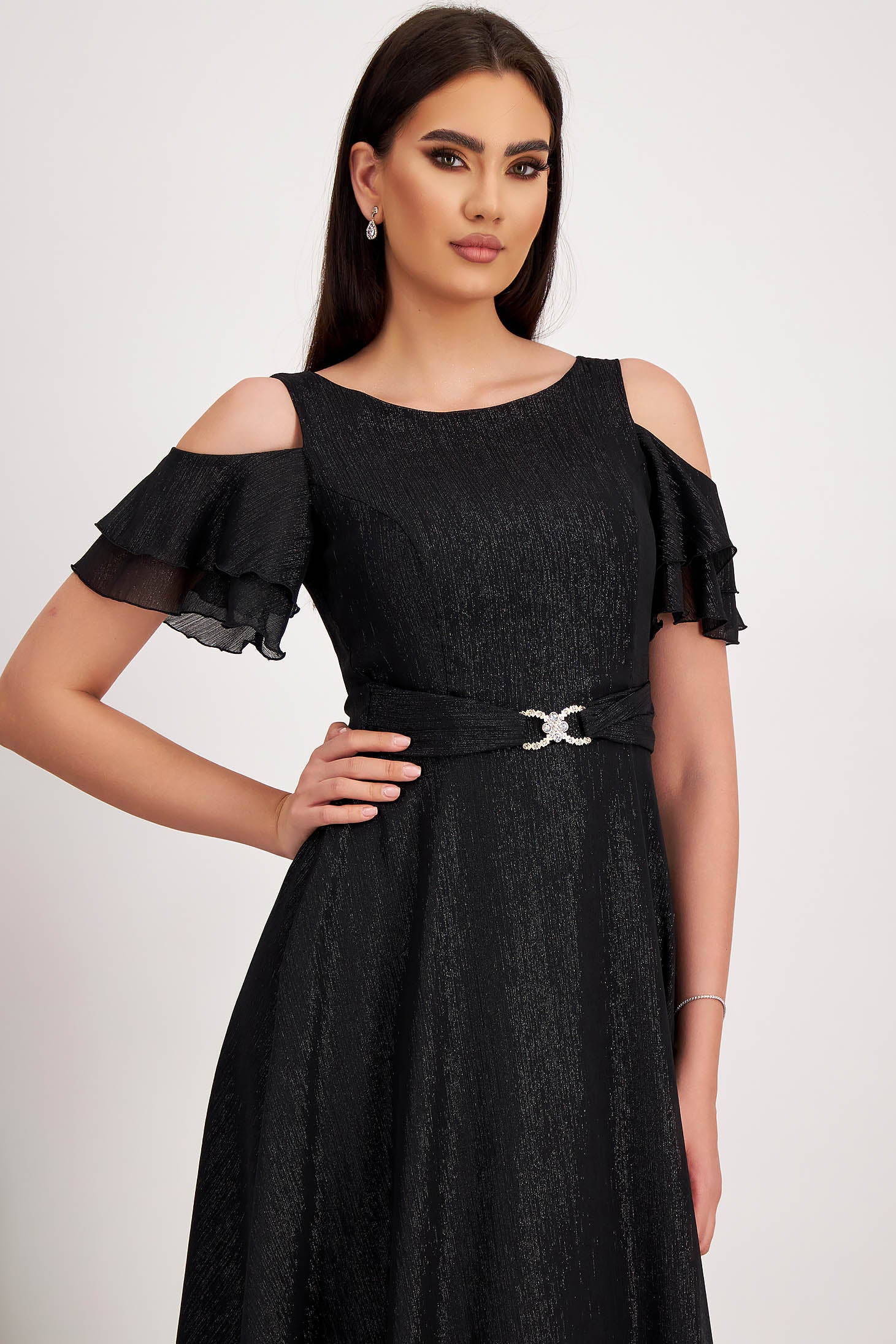 Black Voile Midi Dress With Glitter Appliqués