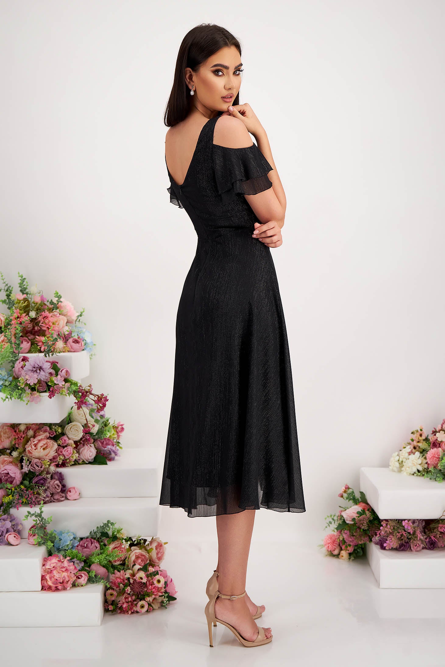 Black Voile Midi Dress With Glitter Appliqués