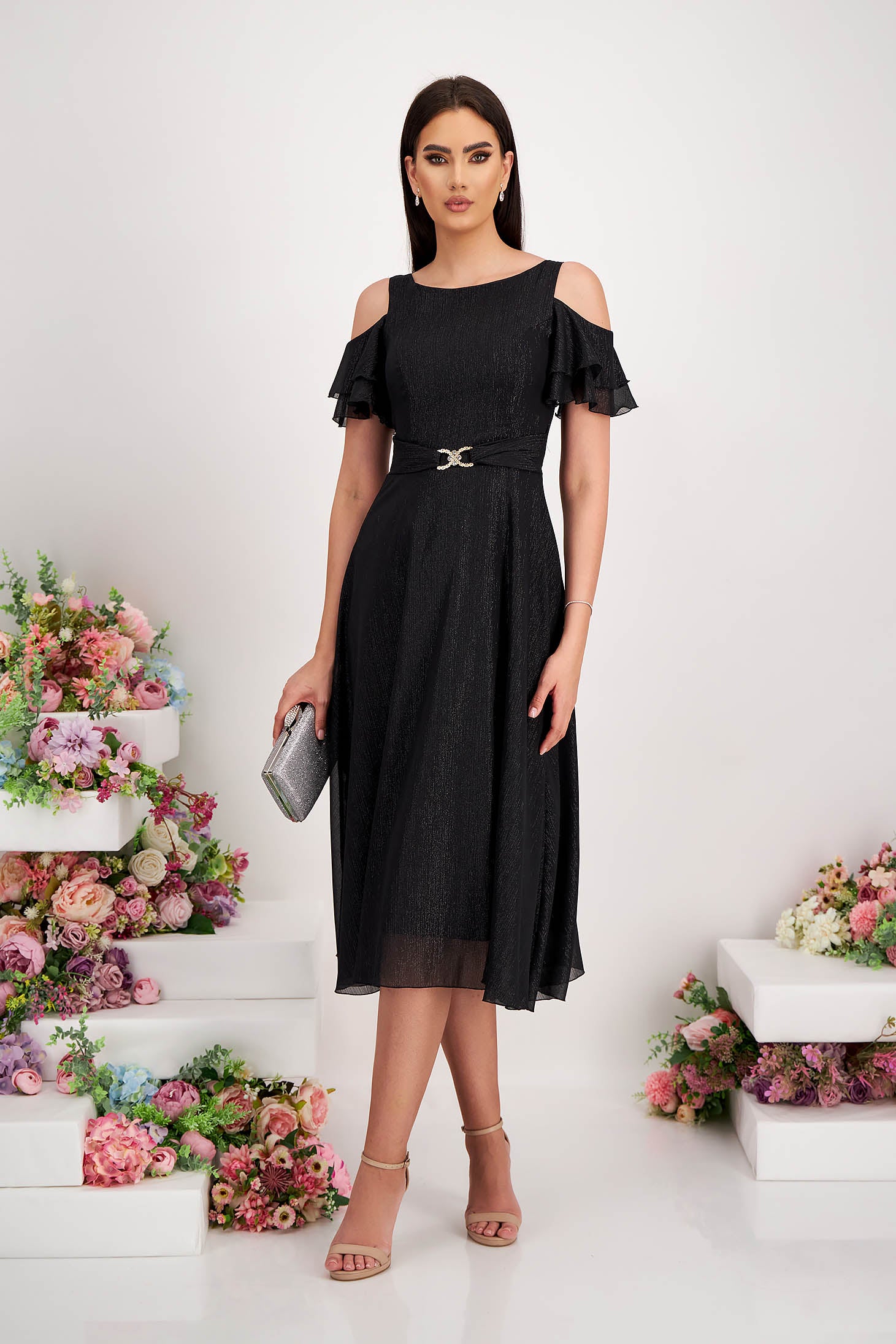 Black Voile Midi Dress With Glitter Appliqués