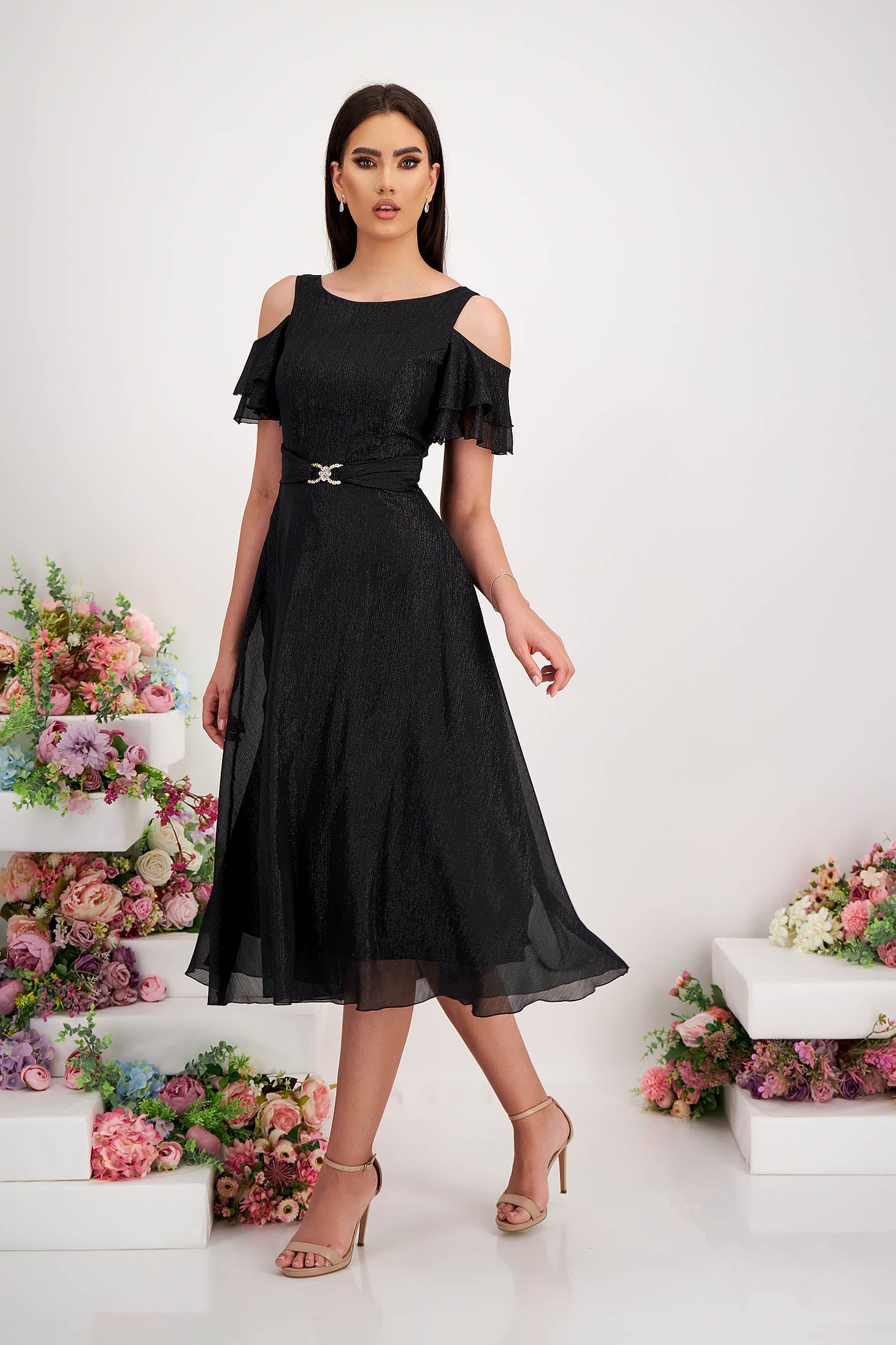 Black Voile Midi Dress With Glitter Appliqués