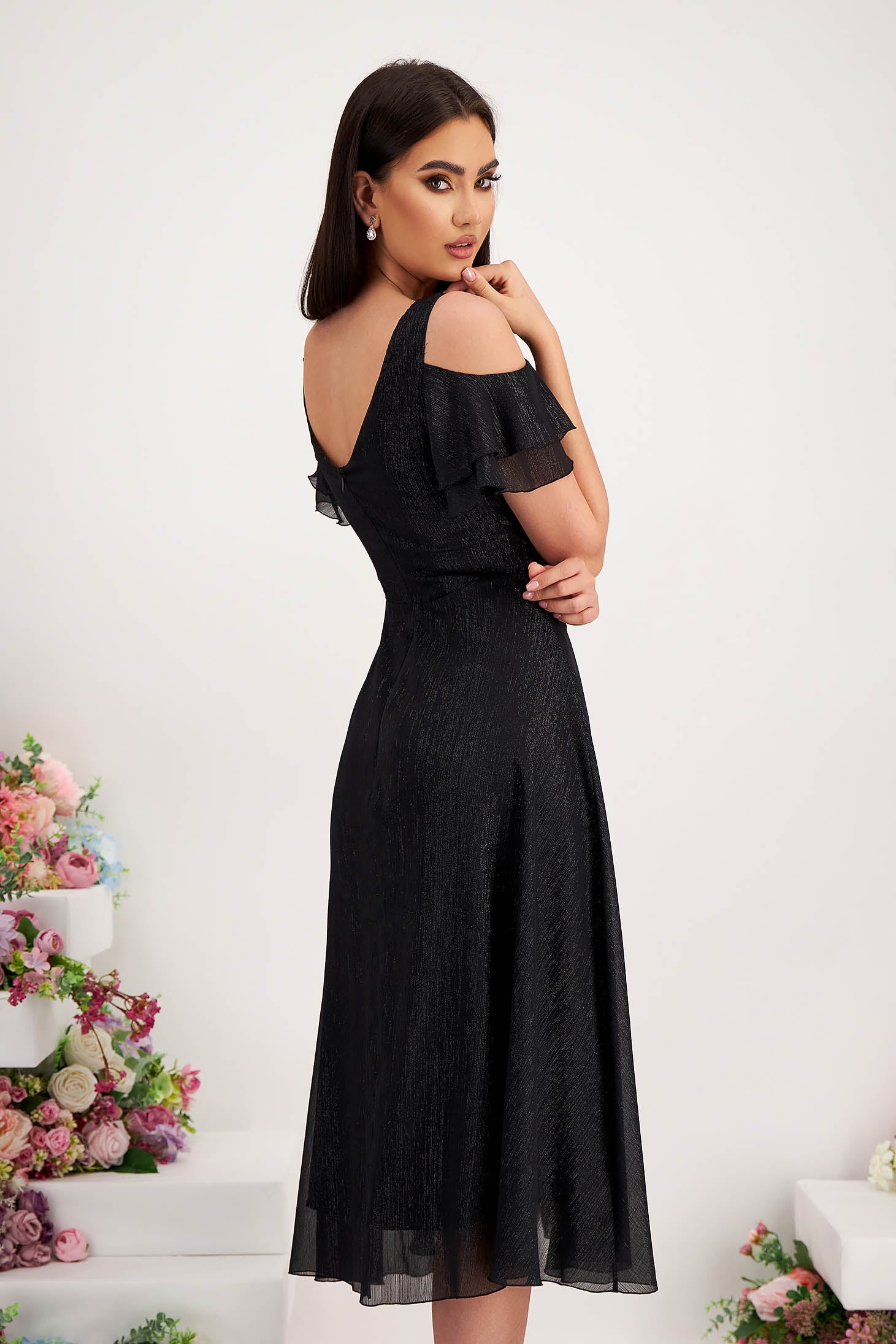 Black Voile Midi Dress With Glitter Appliqués