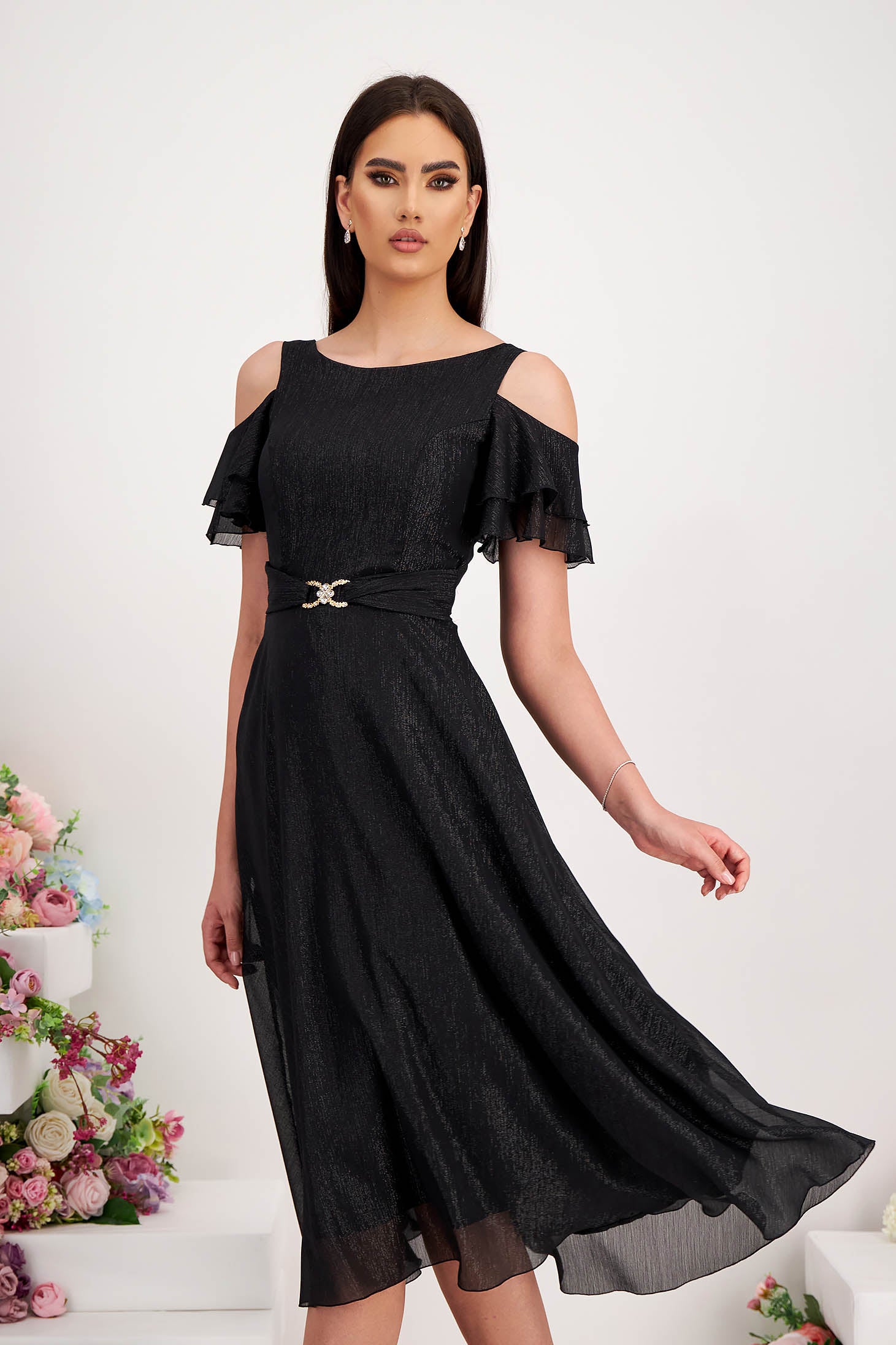 Black Voile Midi Dress With Glitter Appliqués
