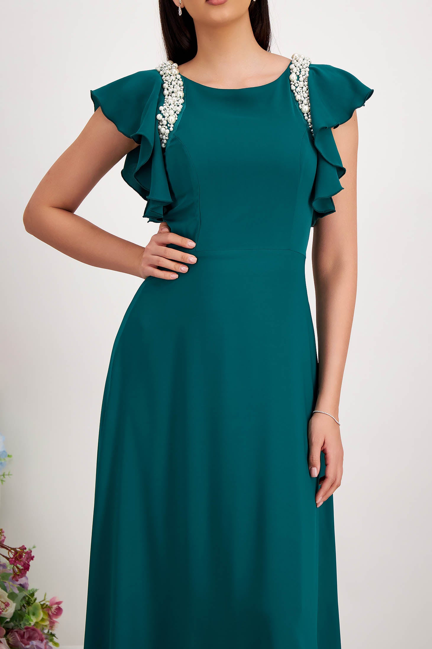 Green Long Voile Dress With Frills And Pearl Appliqués On The Shoulders