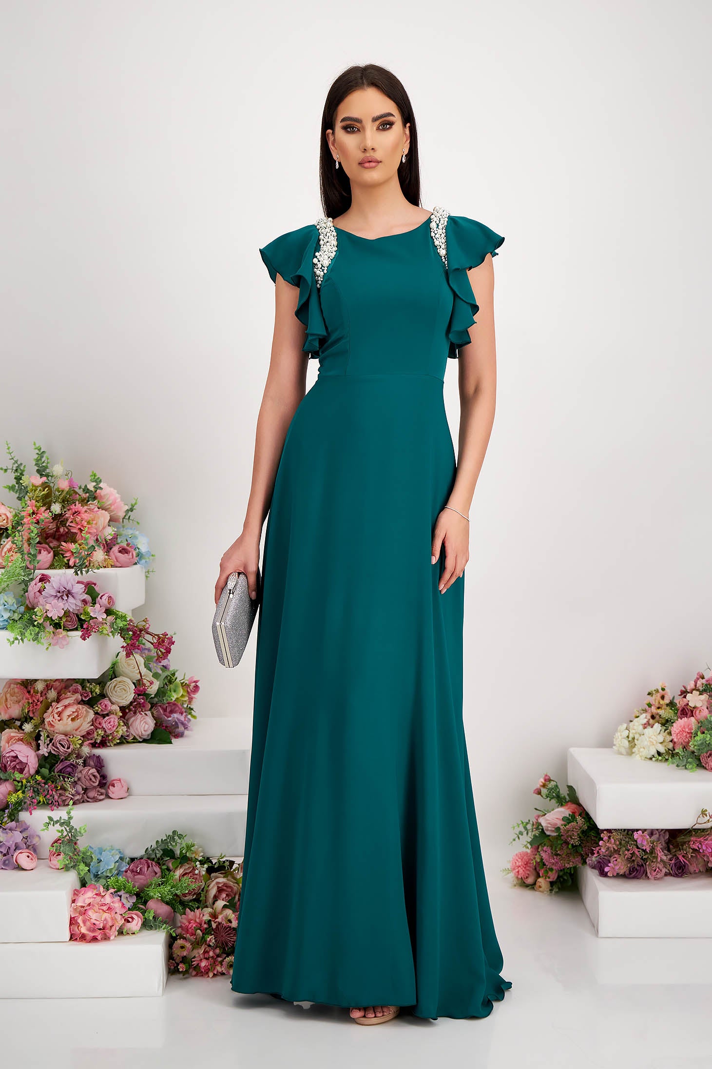 Green Long Voile Dress With Frills And Pearl Appliqués On The Shoulders