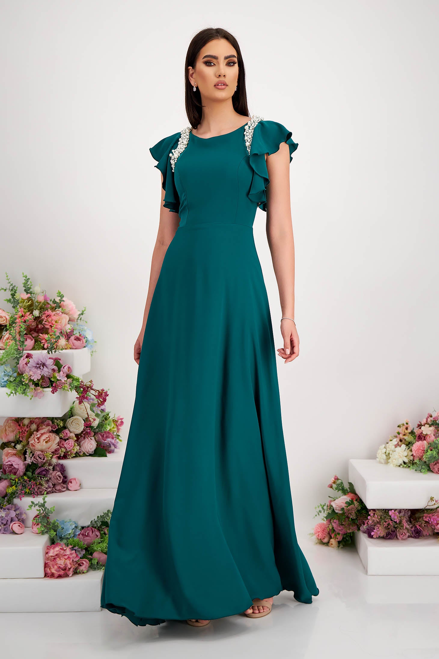 Green Long Voile Dress With Frills And Pearl Appliqués On The Shoulders