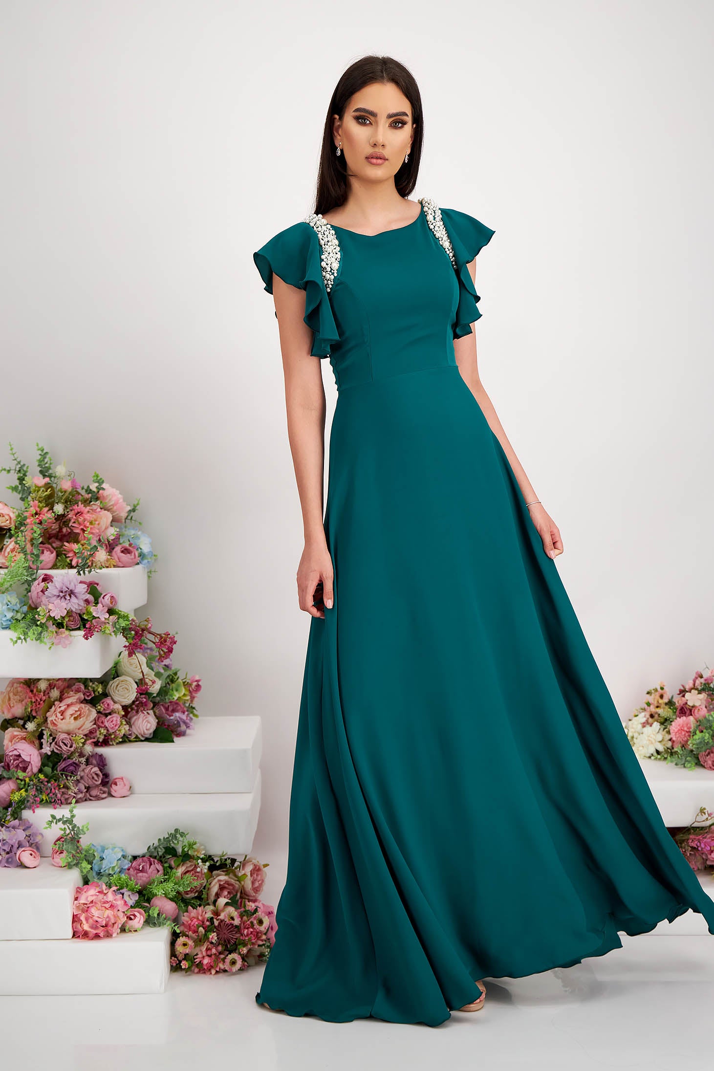 Green Long Voile Dress With Frills And Pearl Appliqués On The Shoulders